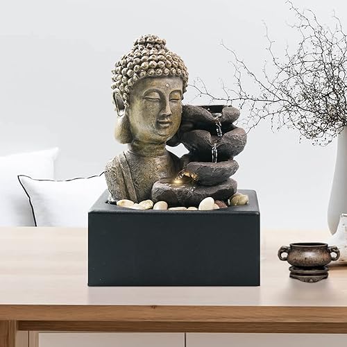 Miniatura 4 de Ferrisland Fuente de cascada de mesa para interiores, fuentes de agua de Buda de 4 niveles, cascada de mesa de meditación zen con luz LED cálida