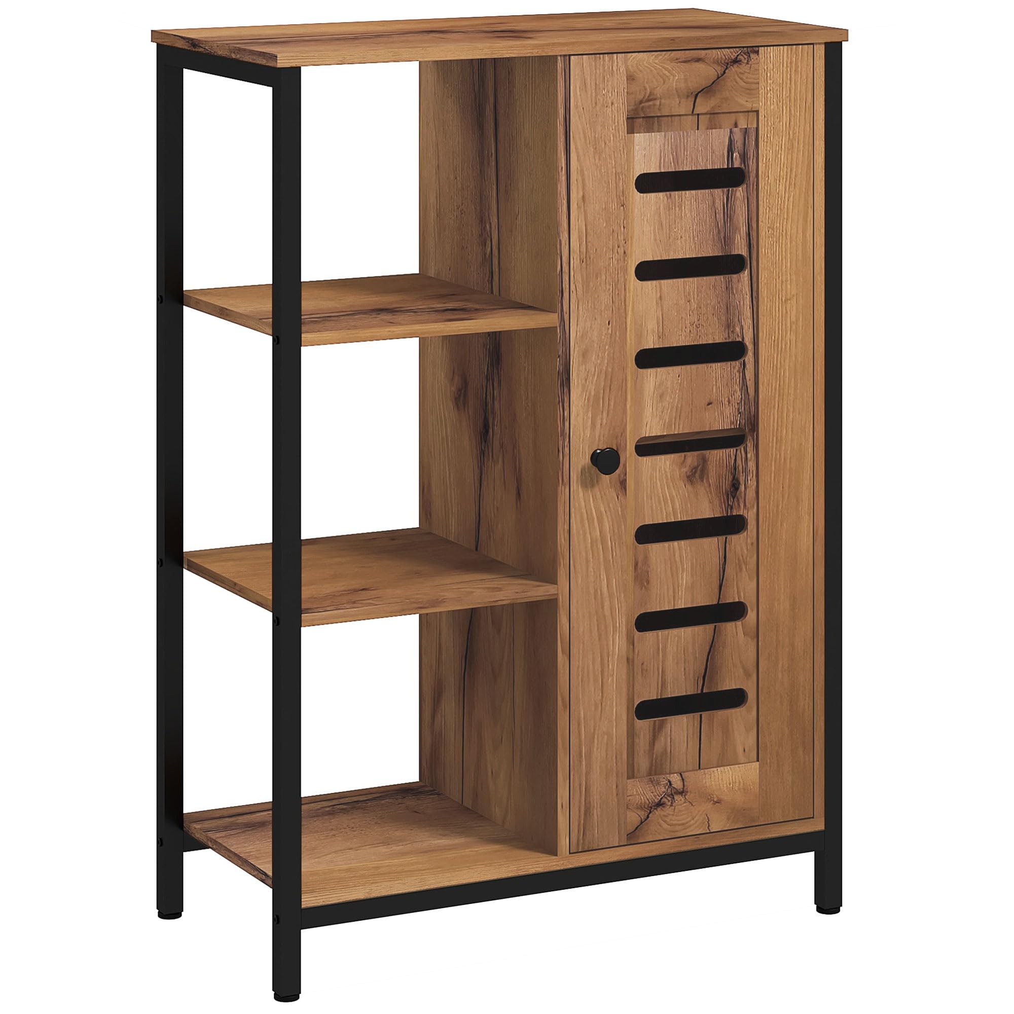 kleankin Armario de Baño Estrecho, Columna de Baño con Puerta de Lamas y 3 Compartimentos Abiertos, Estante Ajustable, para Salón, Dormitorio, Entrada, 60x30x85 cm, Marrón Rústico