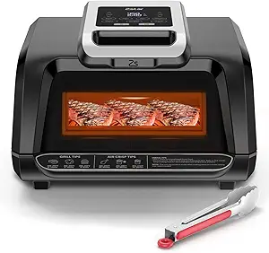 7-in-1 Indoor Grill Combo with See-Through Window and Silicon Tongs, Smokeless Electric Air Fryer up to 450°F, 1750W Contact Grill with Non-Stick Removable Plates, Even Heat, Black, 4Qt