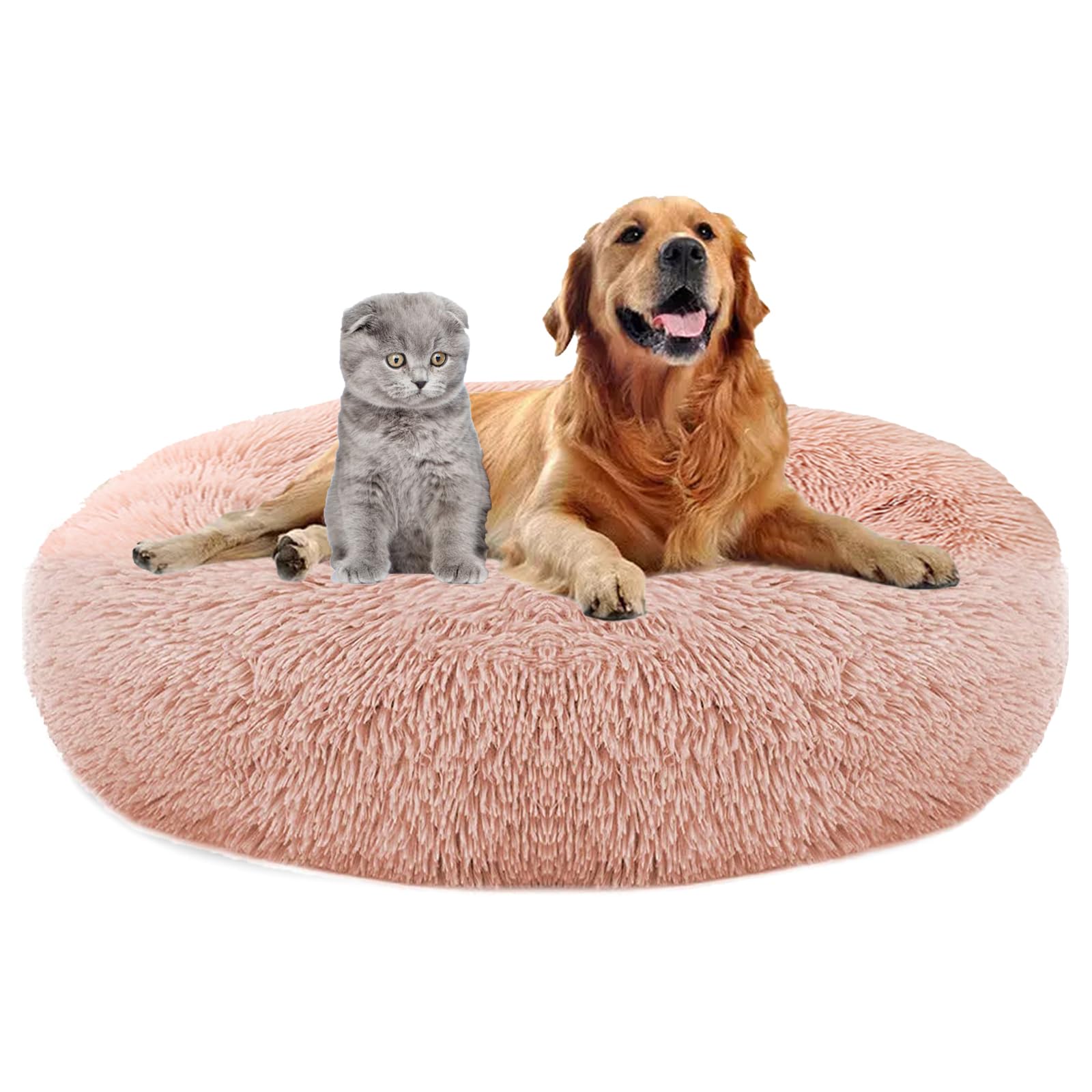 MAIFENGL Calming Dog Bed Plush Donut Pet Bed, Fluffy Washable Non-Slip Plush Cuddler Warming Round Dog Cat Bed- Leather Pink|| Ø120cm/47in