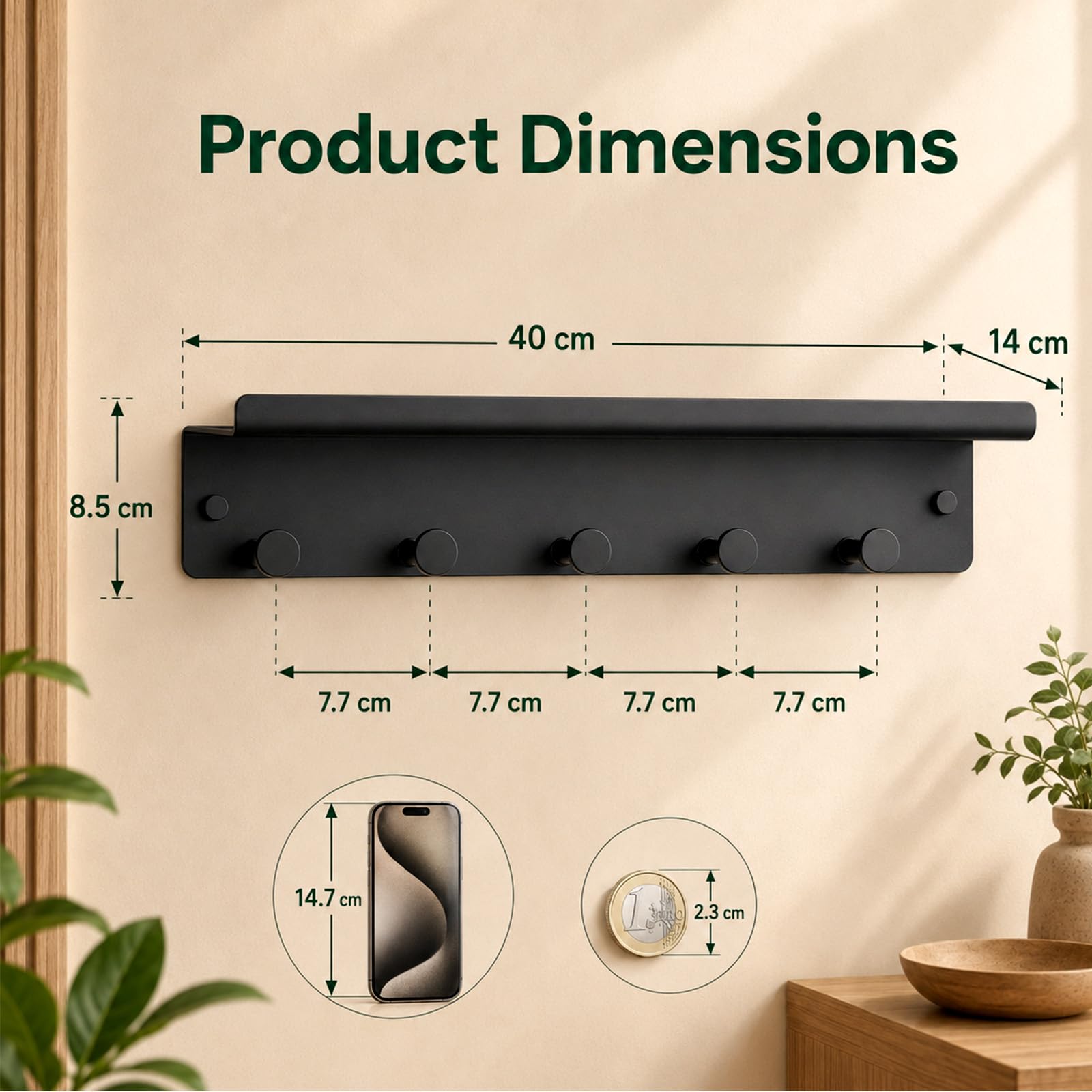 Scaffale da parete per pannelli acustici, 40 x 14 cm, senza fori, con ganci, in metallo nero opaco, accessori per casa e ufficio