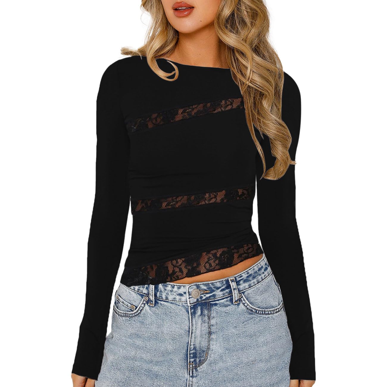 Sponsored Ad – Women's Sexy Lace Tops, Y2K Patchwork Long Sleeve Mesh T-Shirt, Ladies Slim Fit Round Neck Crop Tops, Sexy Irregular Top with Floral Lace for Club Streetwear, Black, S-L
