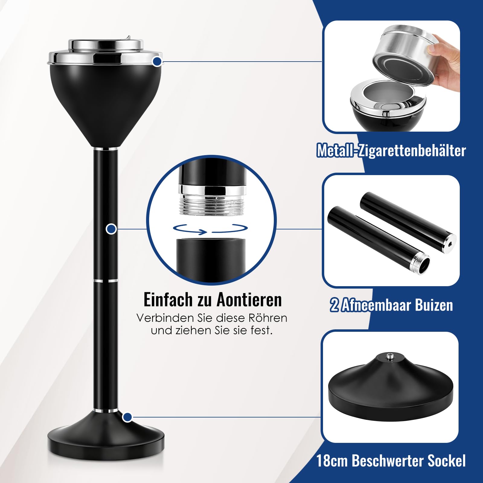 Aschenbecher, Stand Aschenbecher für draussen, 42 & 61.5 cm Verstellbarer Aschenbecher mit Deckel, Schwarzer Standaschenbecher Für draußen, Afneembare Standaschenbecher mit Zware Basis für Haus, Büro