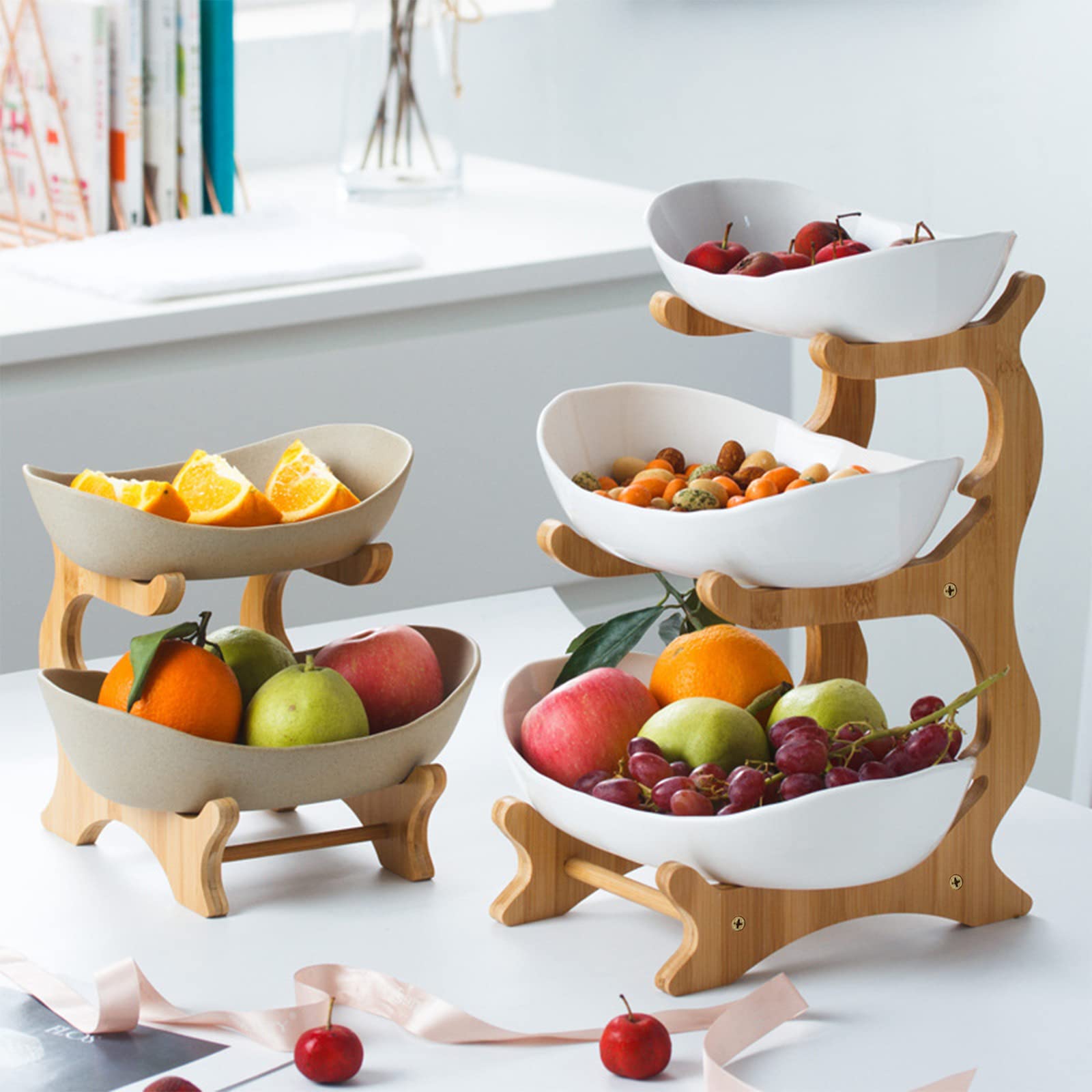 Fruttiera 3 Ripiani in Ceramica Bianco, Portafrutta a Ripiani in Legno Naturale, Cestino di Frutta in Ceramica, Cesta Portafrutta per Frutta e Verdura, Soggiorno e Ristorante