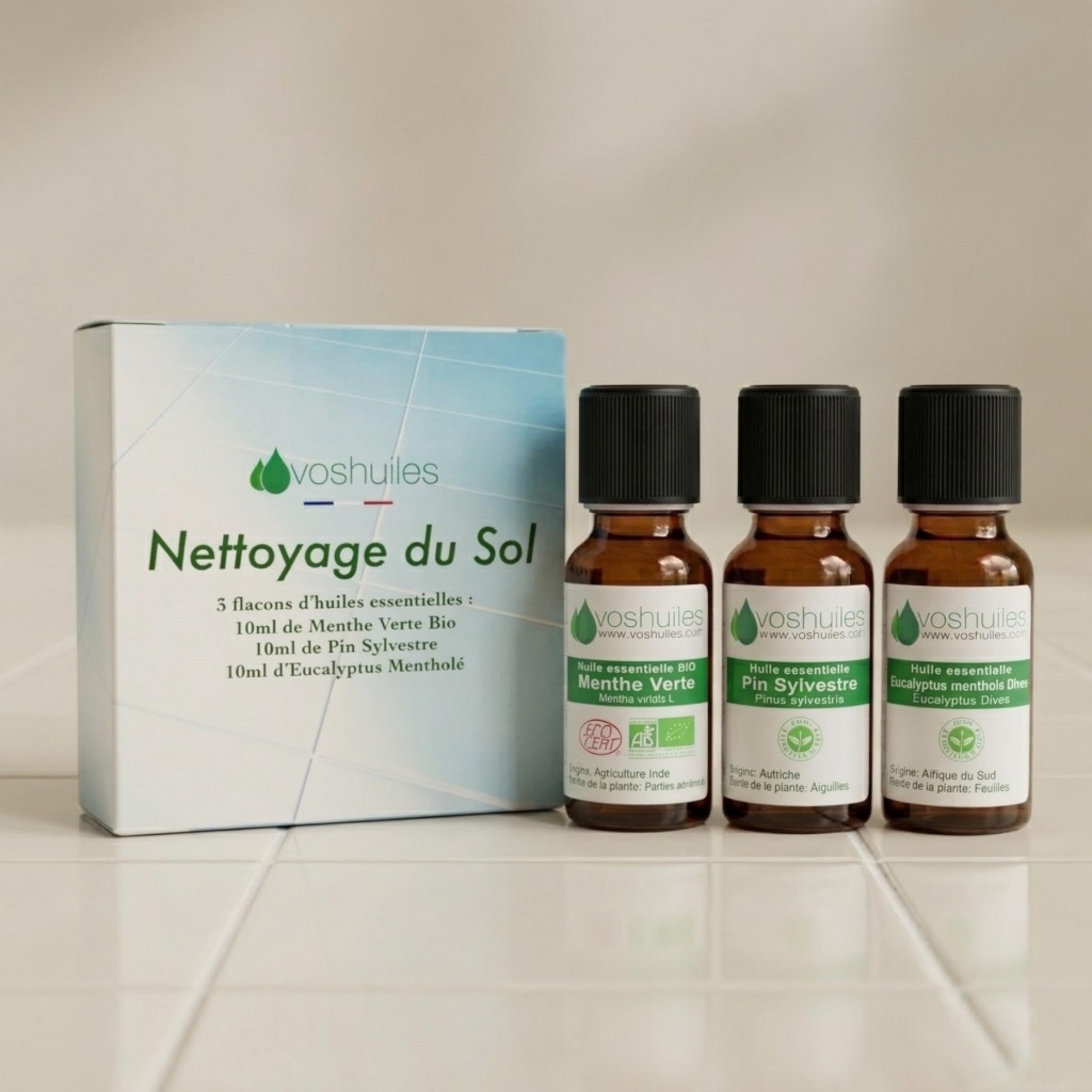 Kit 3x10ml: Pin, Menthe, Eucalyptus - Nettoyage Naturel