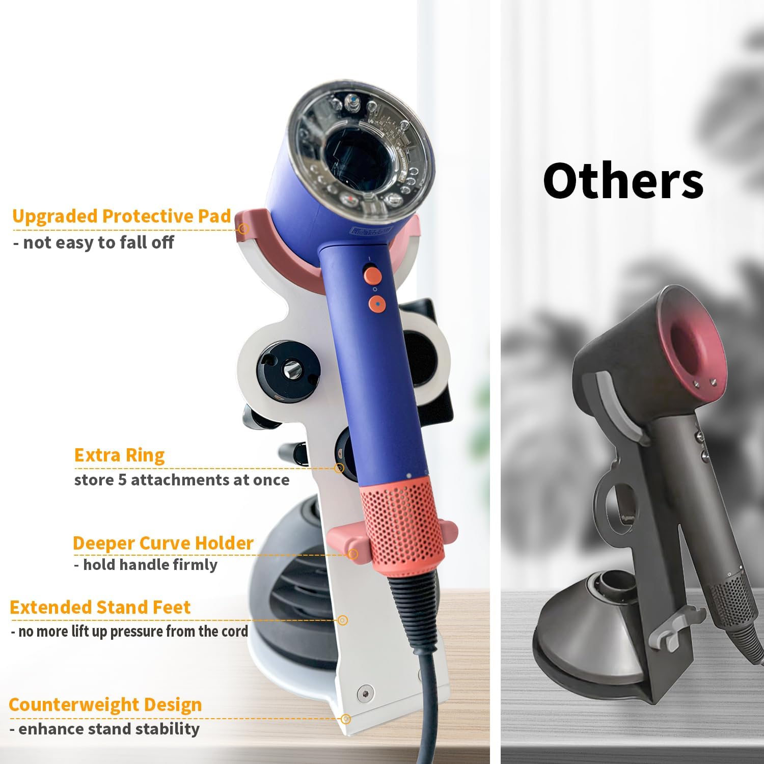 Hair Dryer Holder Stand for Dyson Hair Dryer, Upgraded Dyson Hair Dryer Holder Dyson Hair Dryer Stand Pink to Store 5 Dyson Hair Dryer Attachments with Cable Hook