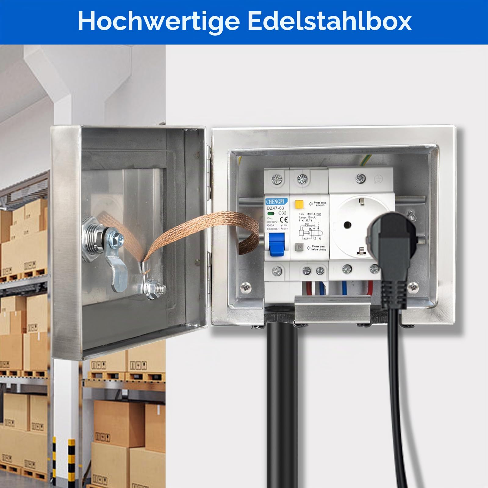 Edelstahl 304 Schaltschrank Verteilerkästen mit 1 * 2P Leckschalter 32A und Europäische Steckdose 250V/16A,Wandmontiert Gehäuse für den Außen-/Innenbereich mit Schloss