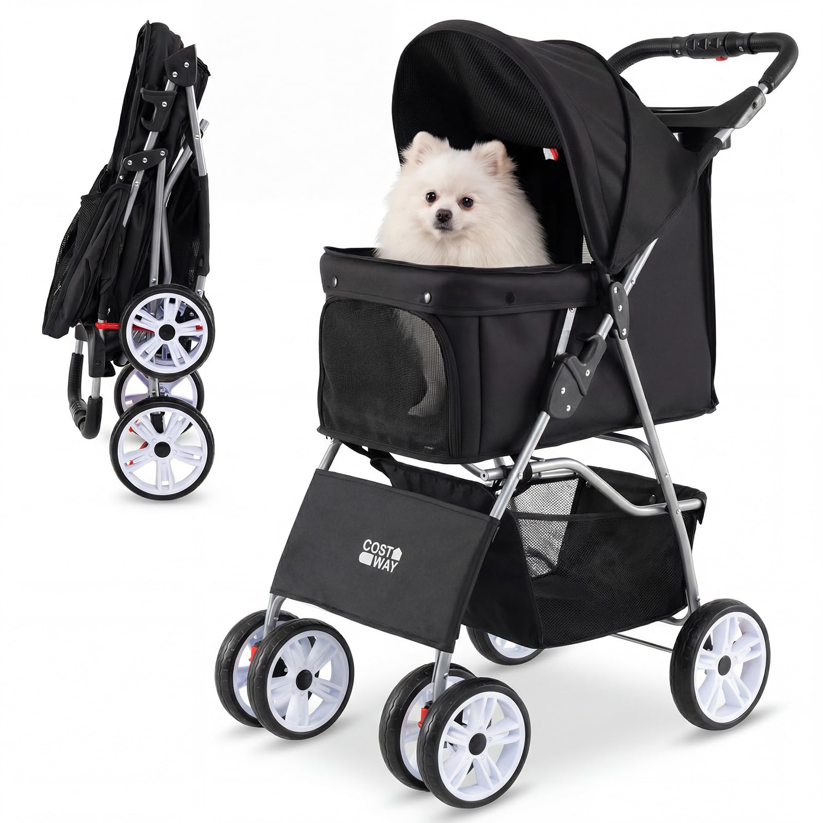 COSTWAY Pet Stroller, 4 Wheels Foldable Dog Pushchair Cat Pram with Adjustable Canopy, Storage Basket, Cup Holder & Safety Leash, Lightweight Pet Travel Buggy for Small Dog Cat (Black)