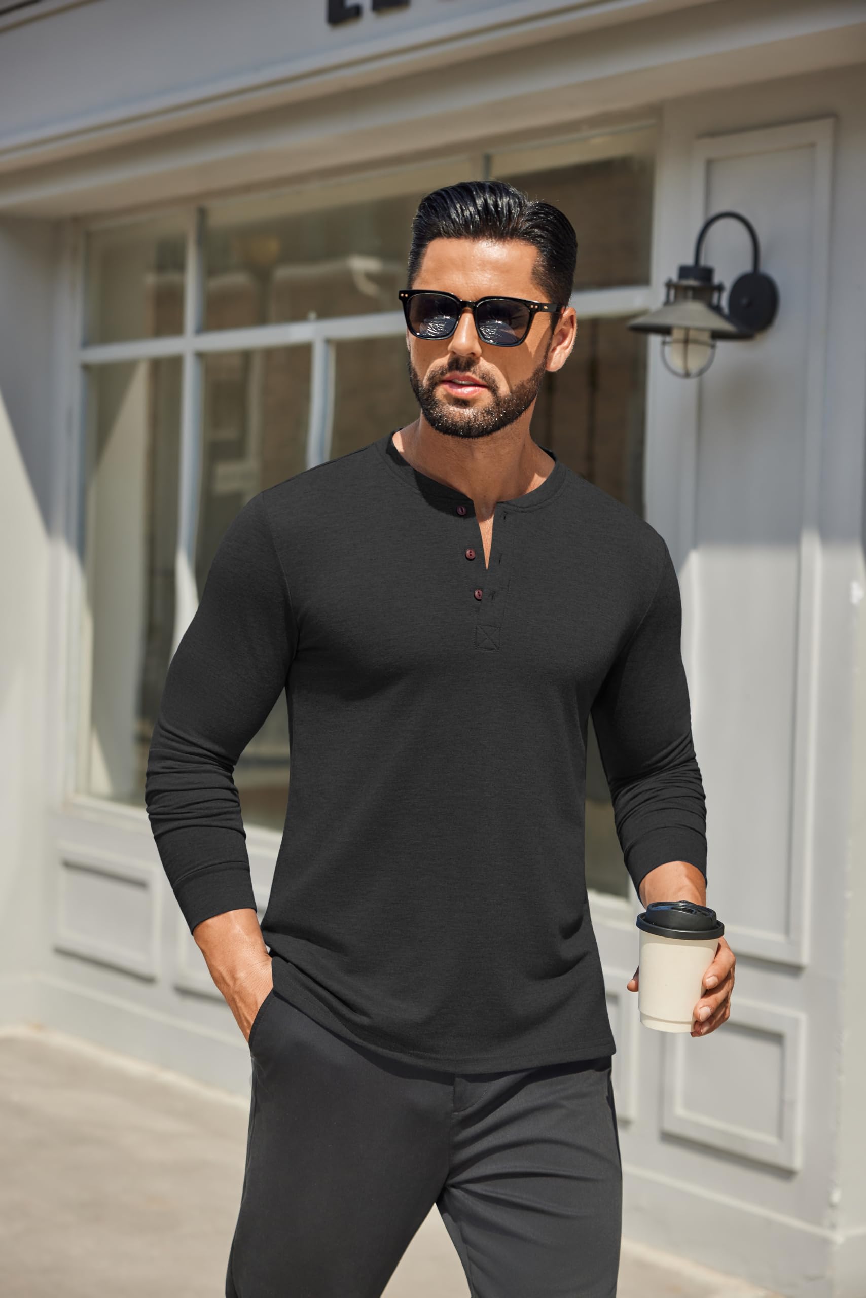 COOFANDY Henley, camicia da uomo a maniche lunghe, casual, con bottoni, alla moda, leggera