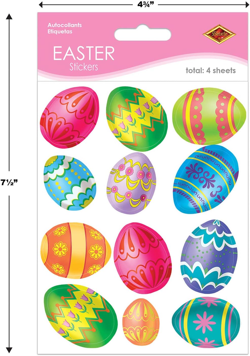 Beistle 4-Pack Easter Egg Stickers Sheet, 4-3/4 by 7-1/2-Inch Sheet
