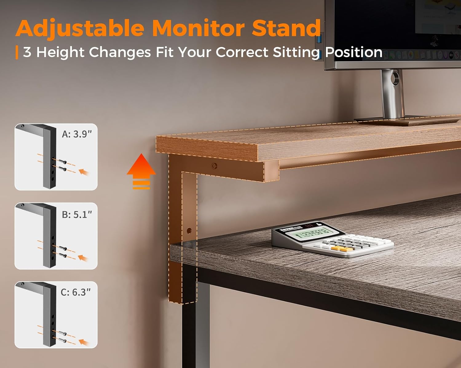 Close-up of the adjustable monitor stand with three height options labeled A, B, and C