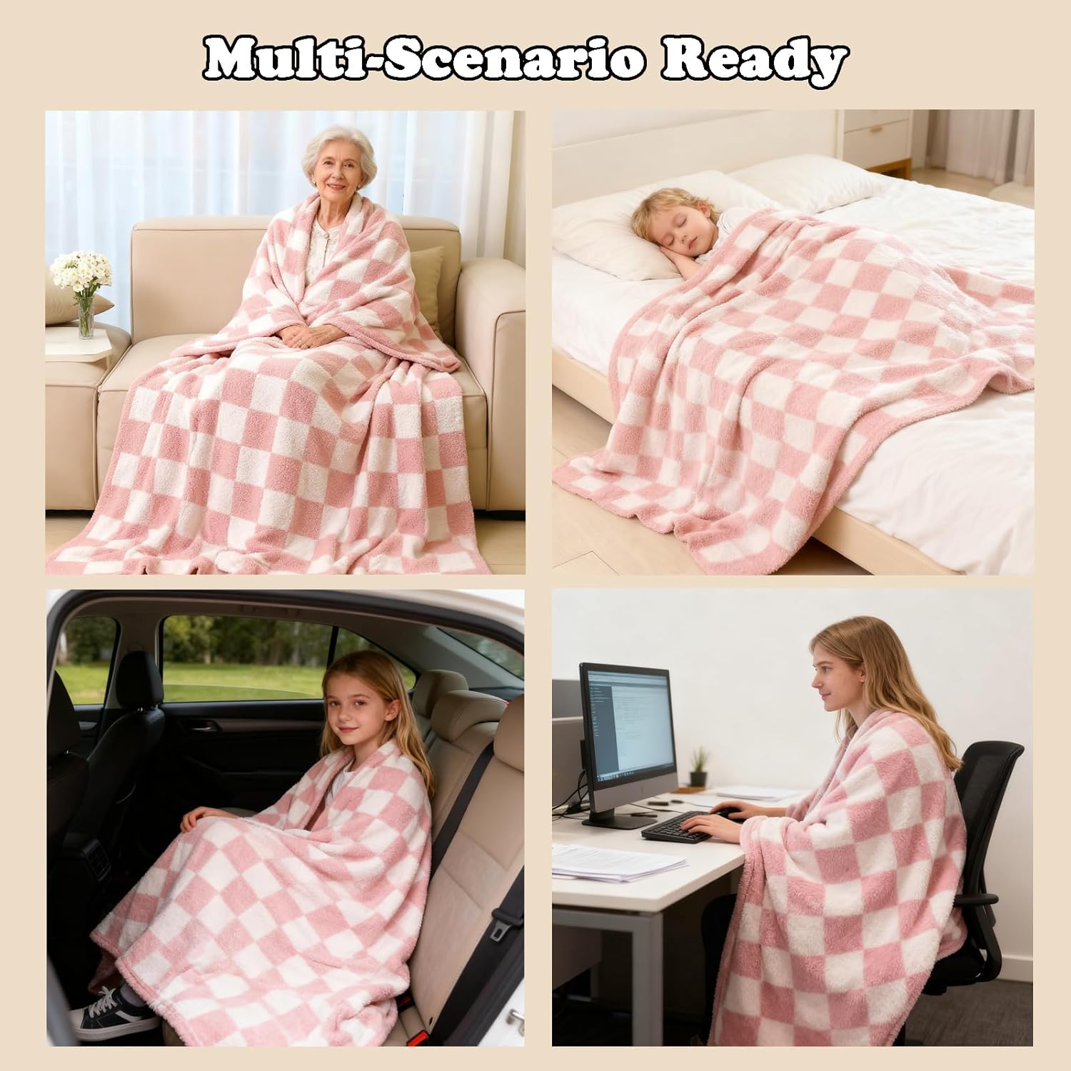 MorroMorn Checkered Blanket for Couch Bed, Baby Pink Throw Blanket 2-Layers Soft Cozy Fleece Plaid Blankets Checkerboard Grid - Fluffy Fuzzy Warm Cute Home Decor Women Girls Gifts, 60x80 inches