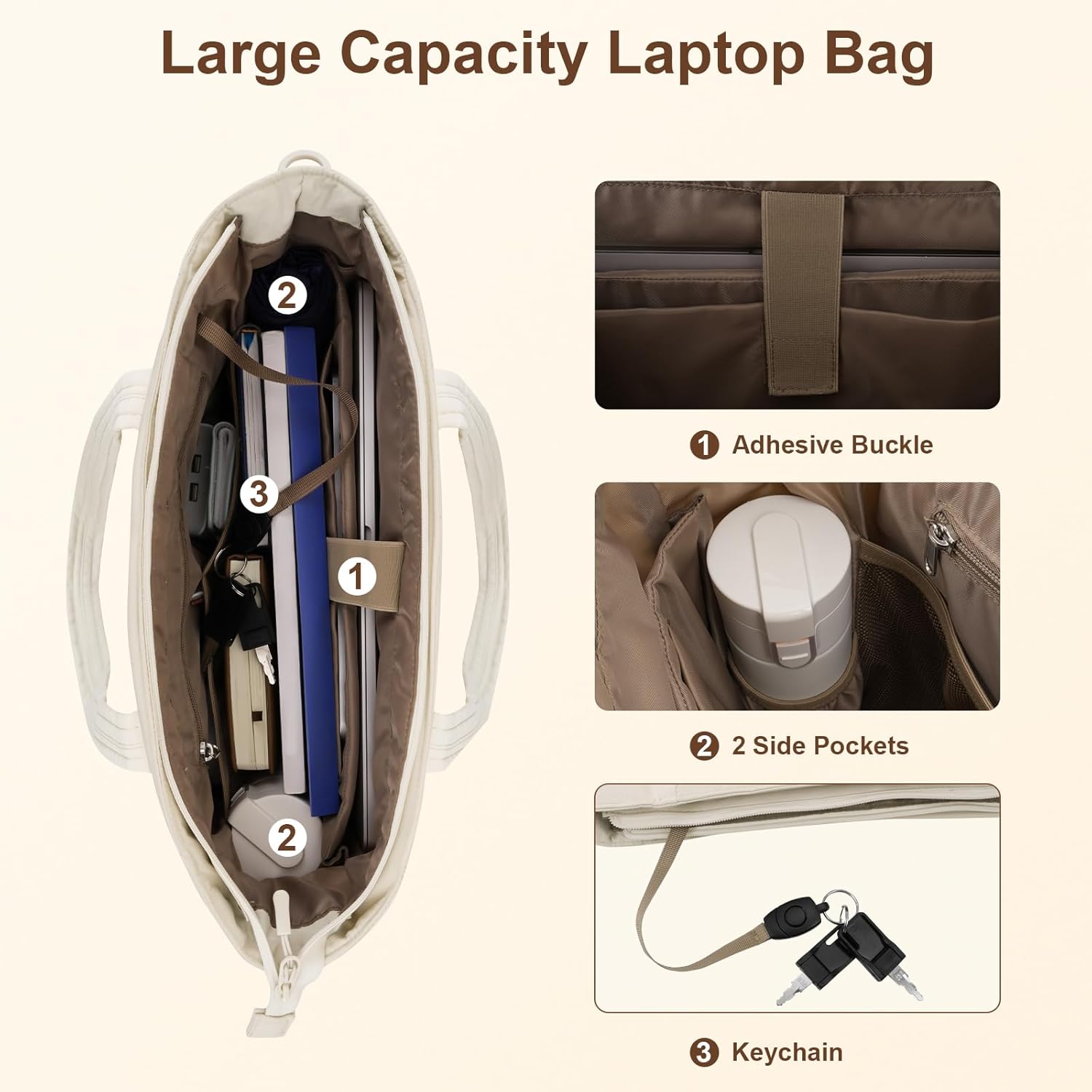MOSISO Laptop Tote Bag for Women, Puffy Lightweight Work Tote Bag with Laptop Compartment & Trolley Belt, 15.6 inch Large Capacity Handbag Shoulder Bags for College Teacher Work Office Nurse, Beige - Image 4