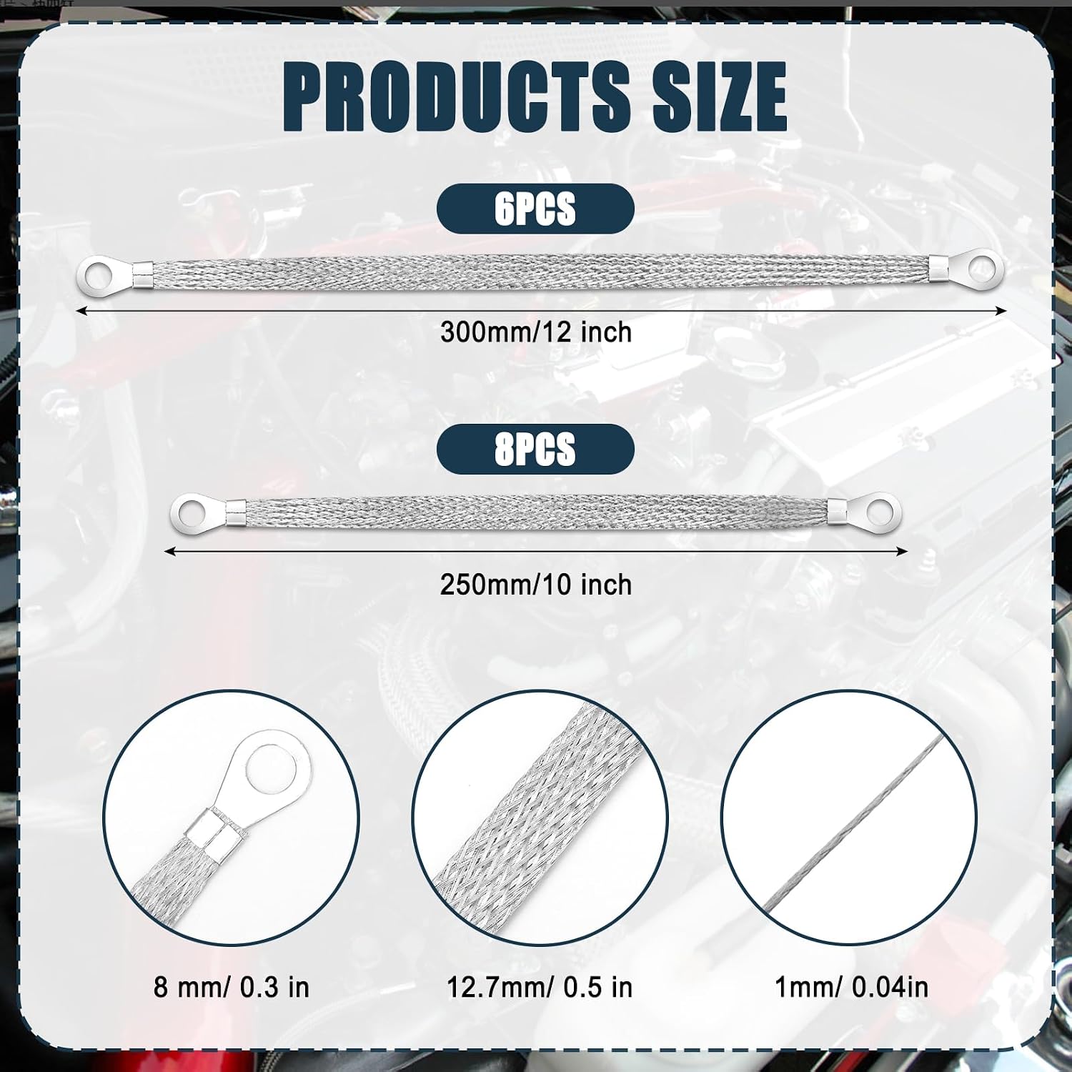 14pcs Ground Straps, 10/12 inch Engine Universal Automotive Ground Strap Kit Braided Copper Ground Straps Automotive Ground Strap Wire Ground Strap Connectors for Most Cars (Silver)