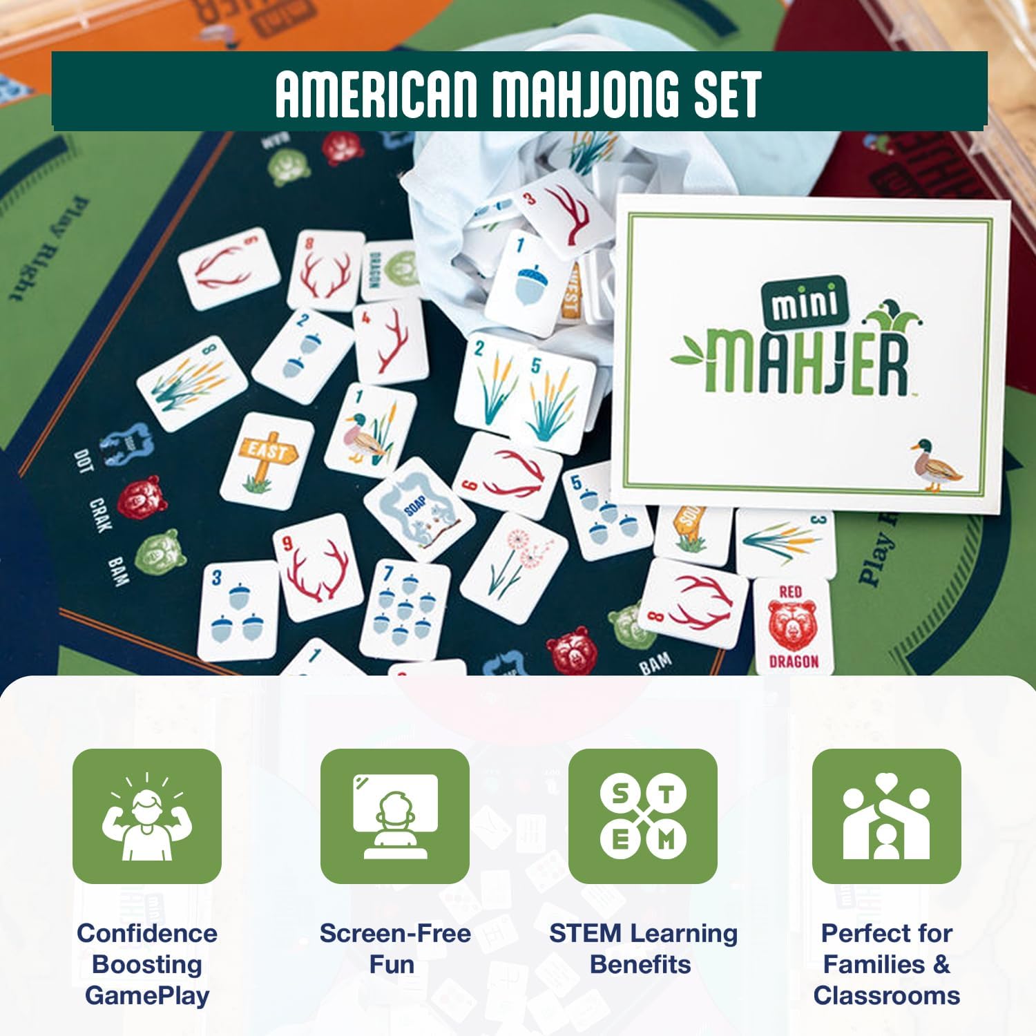 Mini Mahjer Mahjong for New Beginners & Families | American Mahjong Starter Set, Learn to Play with Tiles, Racks Neoprene Mat, & Guide - (Woodlands Edition)