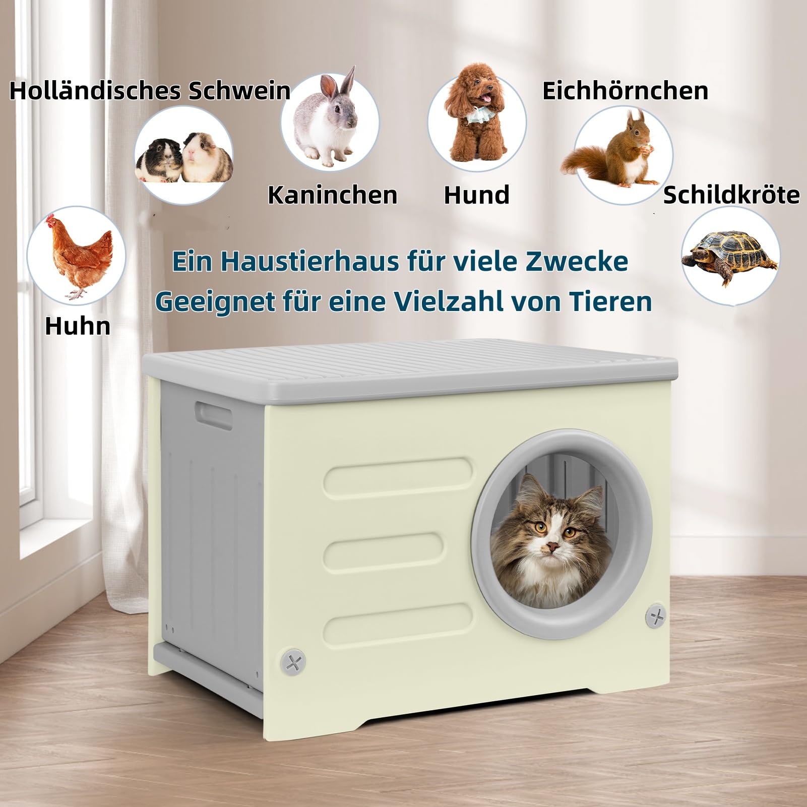 Kunststoff-Katzenhaus für Den Innen- und Außenbereich Wetterfester Unterstand Erhöhtes Design mit Doppelseitigen Matten Katzenhaus für Alle Jahreszeiten (Grau, 54 * 41 * 38)