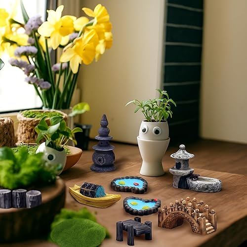 Miniatura 6 de BBTO 24 piezas de accesorios de jardín de hadas, miniaturas de arquitectura, estanque de hadas, hierba, barco, puente, silla, figuritas