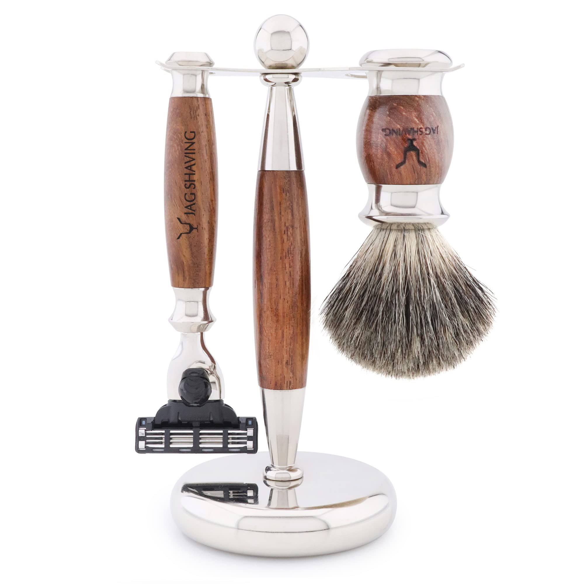 Jag Shaving Rasierset - JAG's LEE Range 5-teiliges Rasierset - Super Dachshaar Rasierpinsel - 3 Rasierklingen Rasierhobel - Rasierständer aus Edelstahl und Holz - Rasierschale - Holz Set