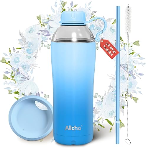 Botella de agua aislada para mujer, botellas de agua de acero inoxidable de 18 onzas, doble pared, 2 tapas (vaso y vaso), hidrata y cafeína, regalos