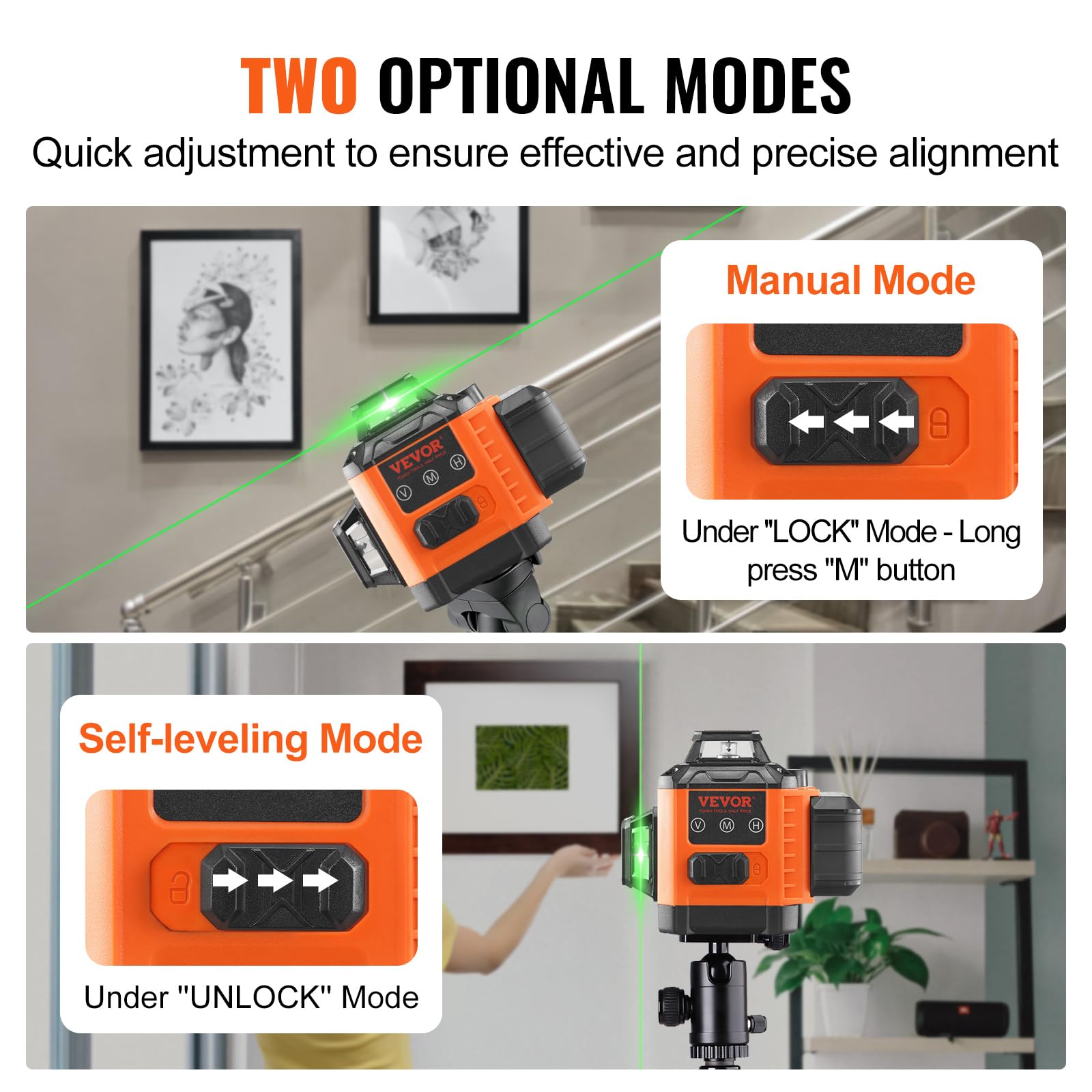 VEVOR Laser a linee incrociate, 30 m, laser autolivellante, 520 nm ± 10 nm, lunghezza d'onda laser da costruzione ± 0,28 cm a 10 m, laser a croce ± 3° 8 ore, tempo di lavoro continuo con batteria al
