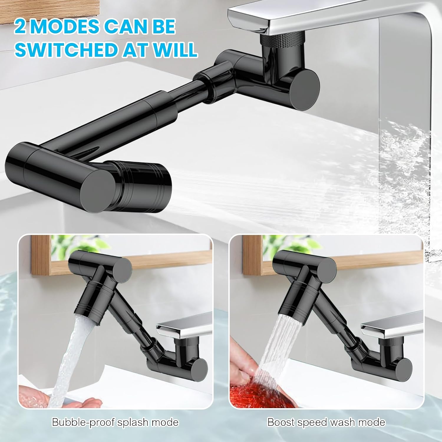 Upgrade 1440° swivel faucet extender, sink faucet aerator extender, swivel extendable filter, multi-functional universal mechanical arm suitable for kitchen bathroom (black, double gear)