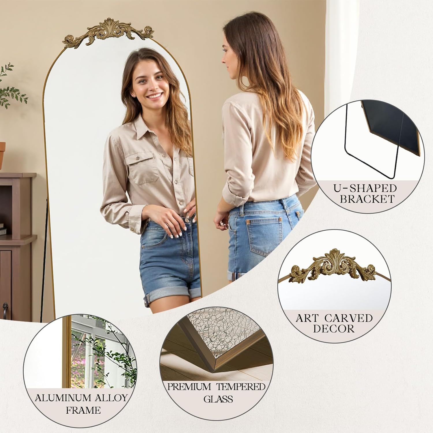 MISSDAY Vintage Baroque Full Length Mirror, 65"X24" Antique Large Arched Full Body Mirror Freestanding with Carving Top, Full Metal Frame Stand Up Retro Mirrors for Bedroom Living Room, Bronze