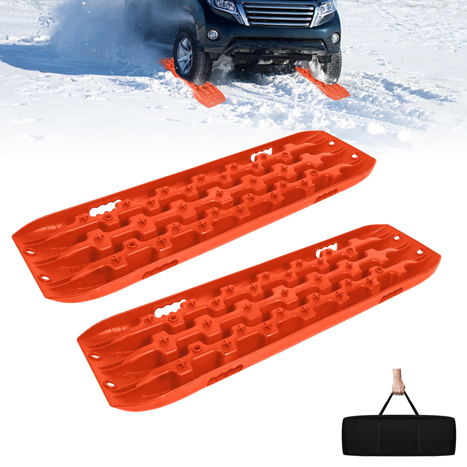 Froadp 2 Stück Sandbleche Anfahrhilfe Wohnmobil Kunststoff Traktionsmatte Set Rettungsbrett Offroad Tracktionshilfe Tragfähigkeit 10 Tonnen pro paar Abschleppbrett für Geländewagen PKW LKW, Orange