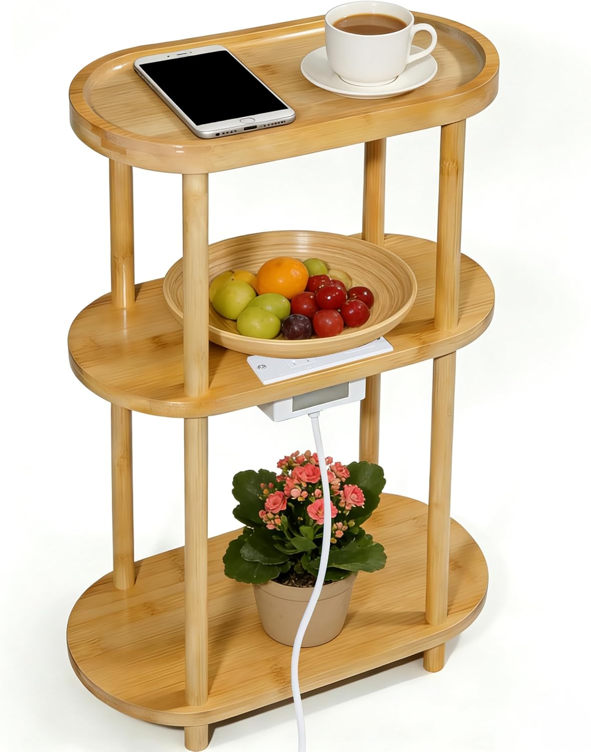 Side Table, Nightstand with Charging Station — Bamboo Narrow End Table with 3-Tier Oval Design & Storage Shelf for Bedroom, Living Room, Small Spaces, Portable, Natural (16"×8"×26")