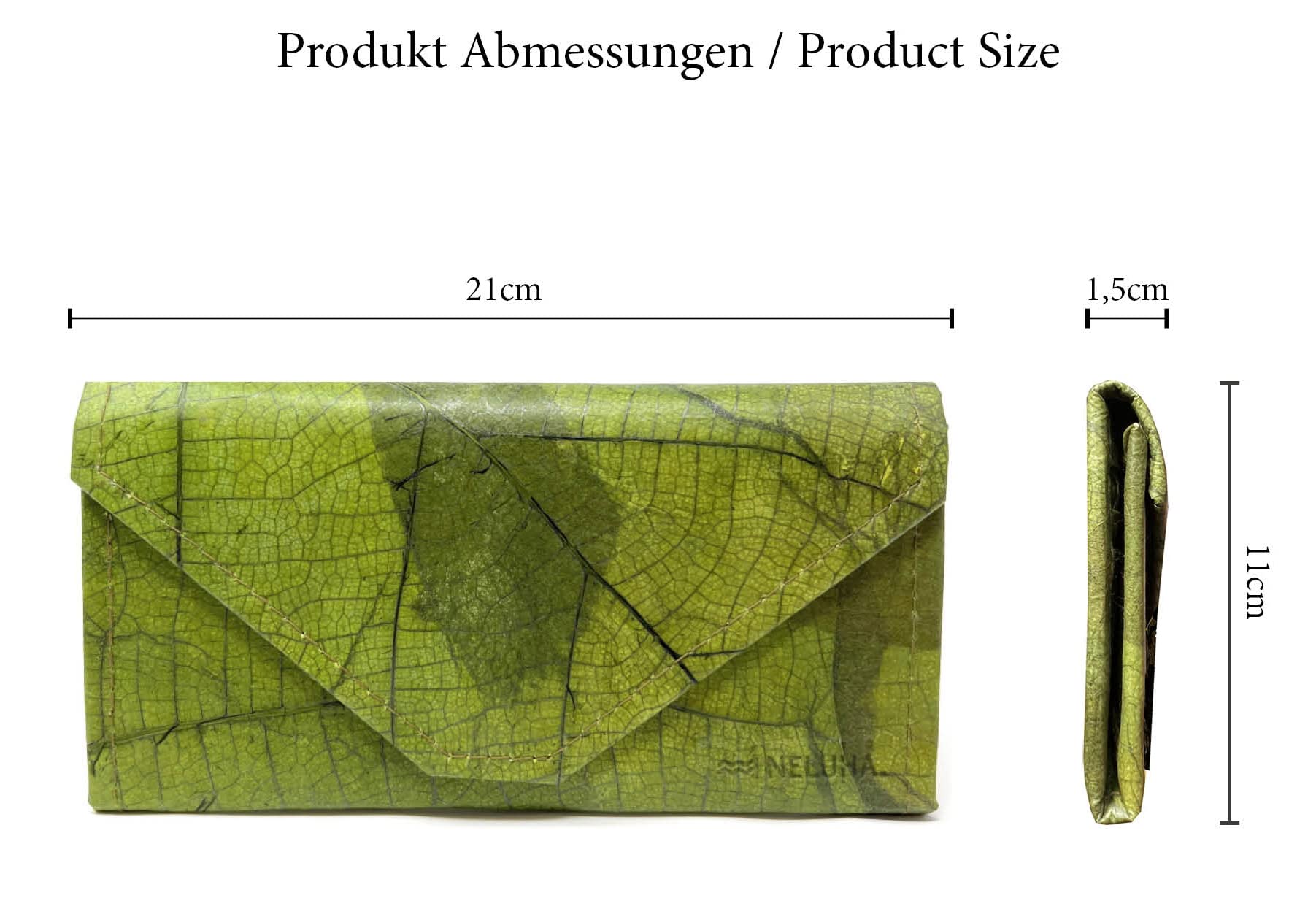 Portafoglio in foglie di teak, un'alternativa in pelle vegana e sostenibile, portafogli con molti scomparti apribili con chiusura lampo, verde, 12x9x3cm, Casual
