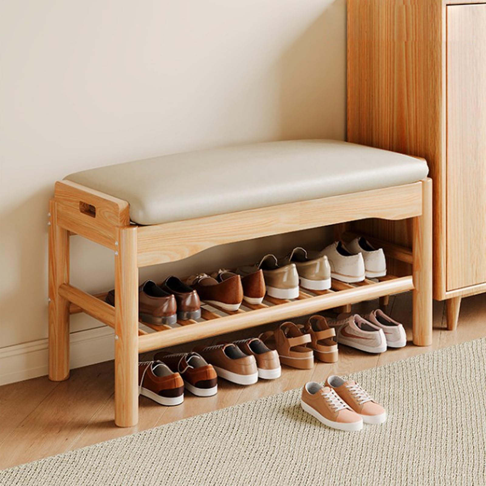 MSHGSKU Solid Wood Entryway Bench with Shoe Rack 2Tier Storage & Soft Cushion SpaceSaving Design for Living Room Hallway 60cm/23.6in