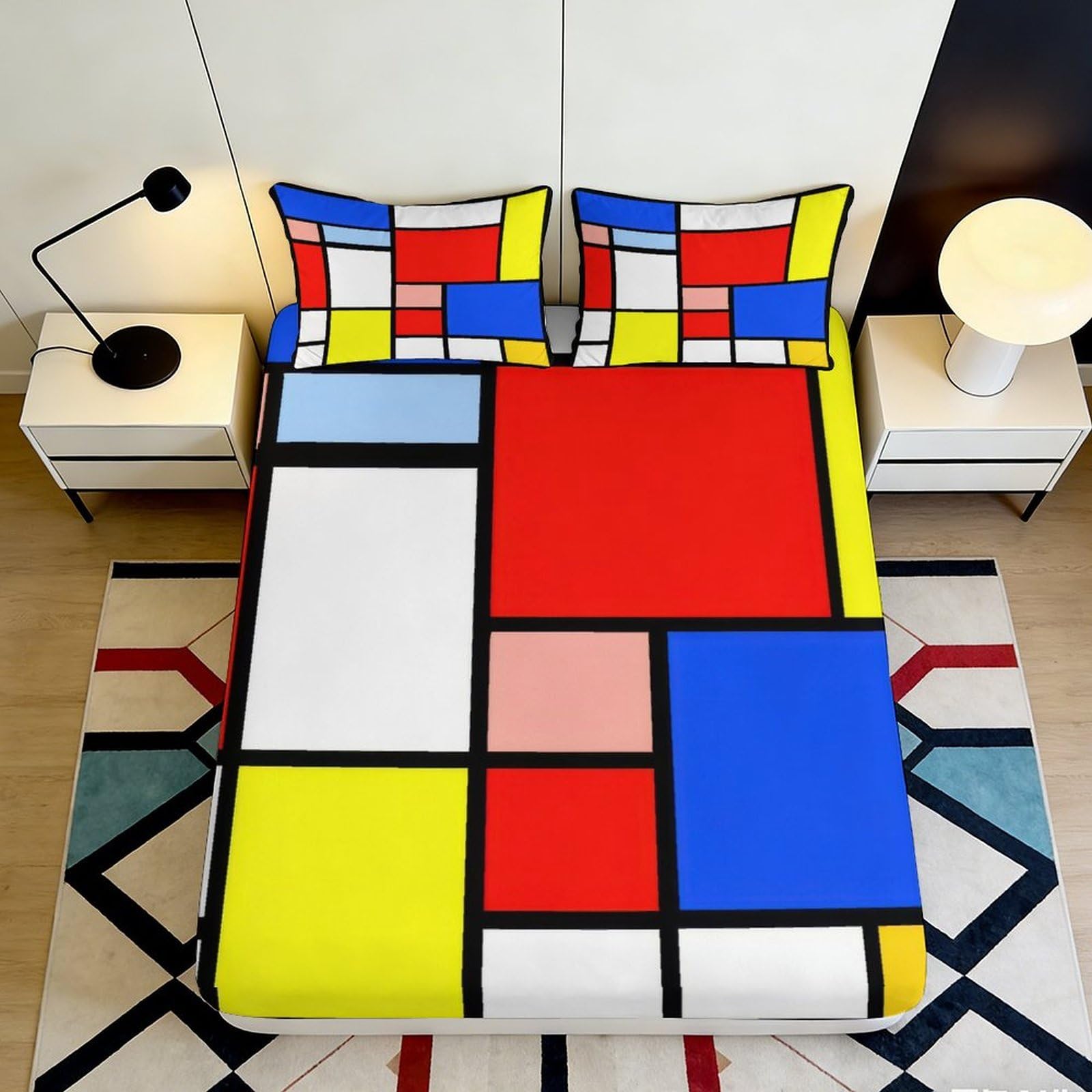 Jqzkxnhpbr Style-9 3D Printed Mondrian Color Block Fitted Sheet Microfiber Modern Art Bed Sheet Anti-Slip Machine Washable For Bedroom Guestroom 90X200x25cm