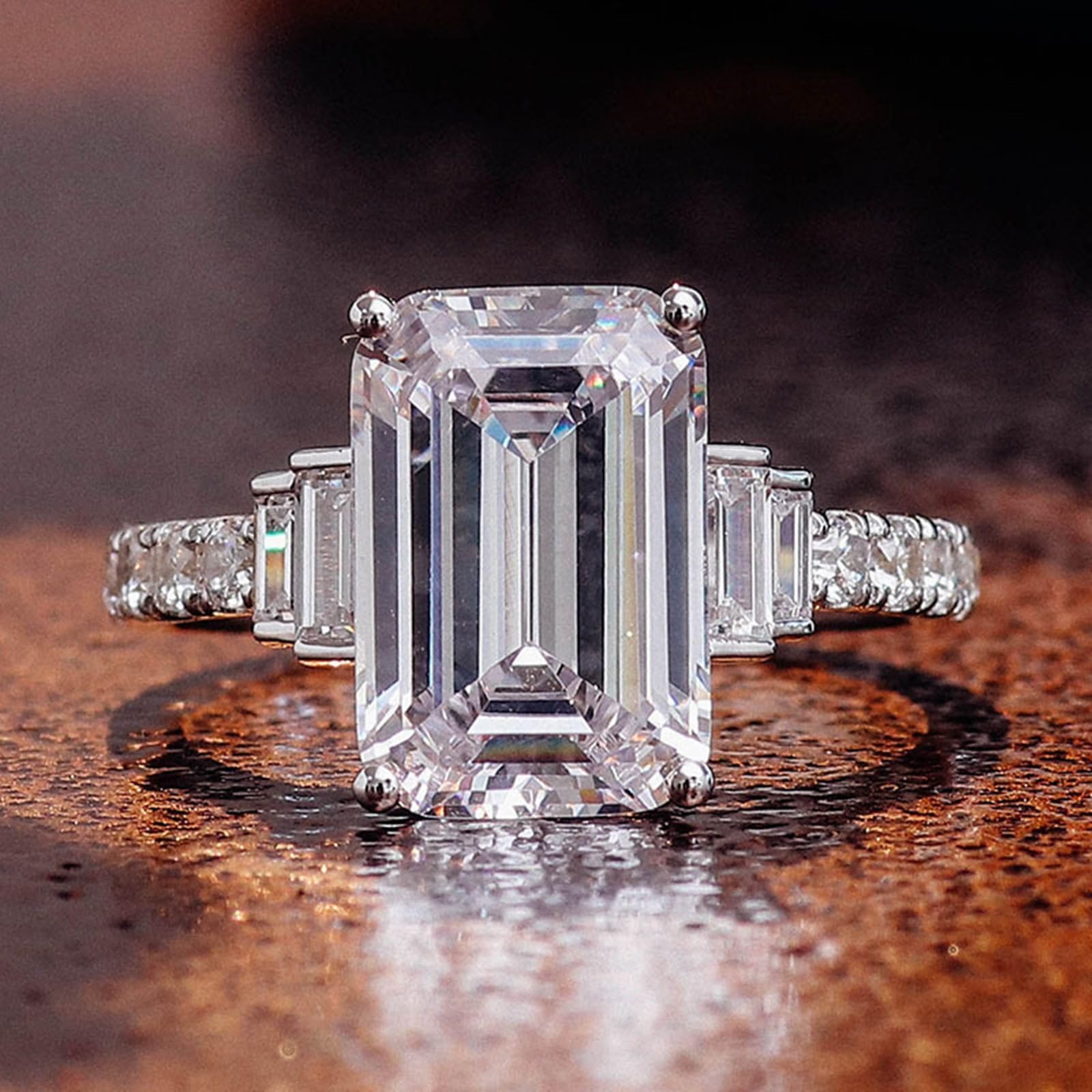 Anillos para mujer, anillos de lujo con moissanite rectangular de oro blanco de 14 quilates Regalos para novia