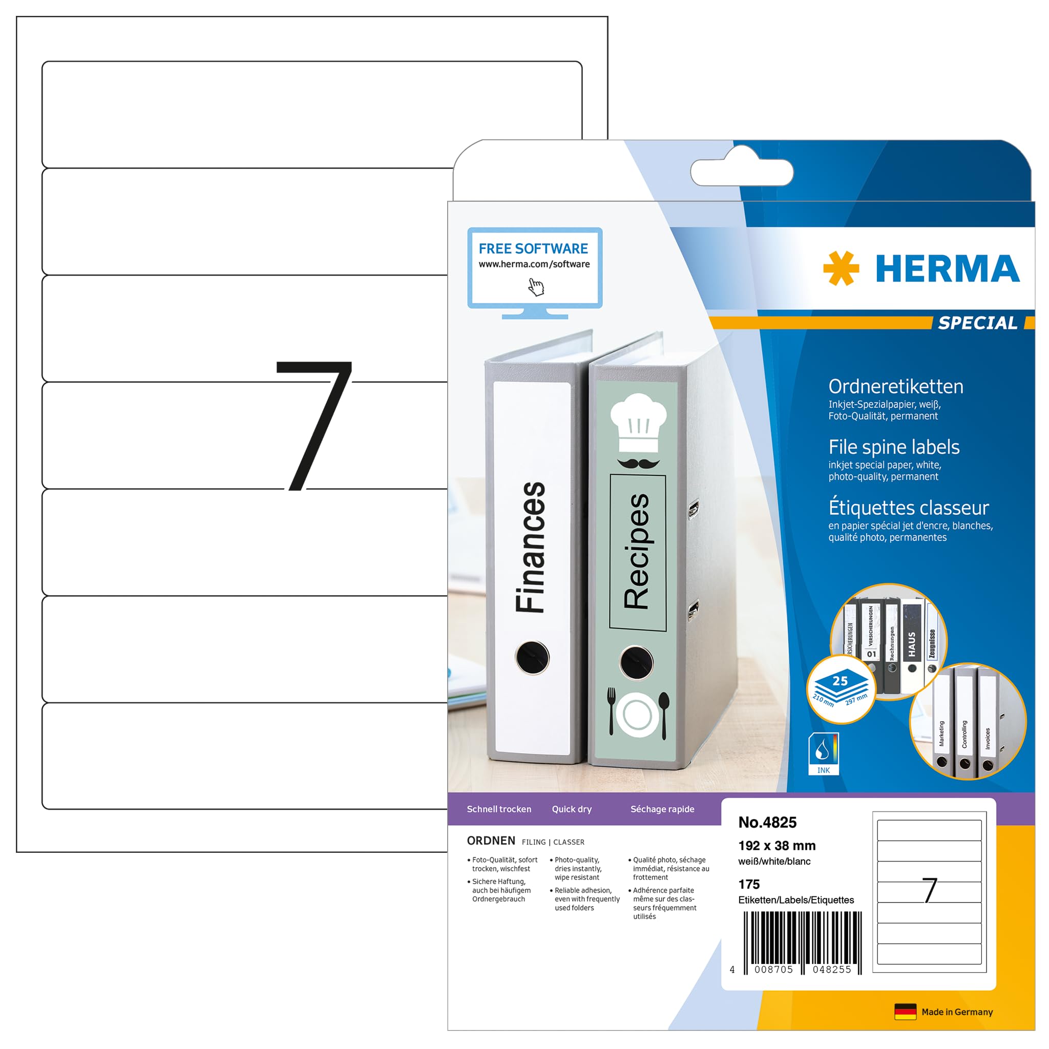 HERMA 4825 Ordnerrücken Etiketten kurz schmal, 25 Blatt, 192 x 38 mm, 7 pro A4 Bogen, 175 Stück, selbstklebend, bedruckbar blickdicht Inkjet Ordneretiketten Rückenschilder Spezialpapier Aufkleber weiß