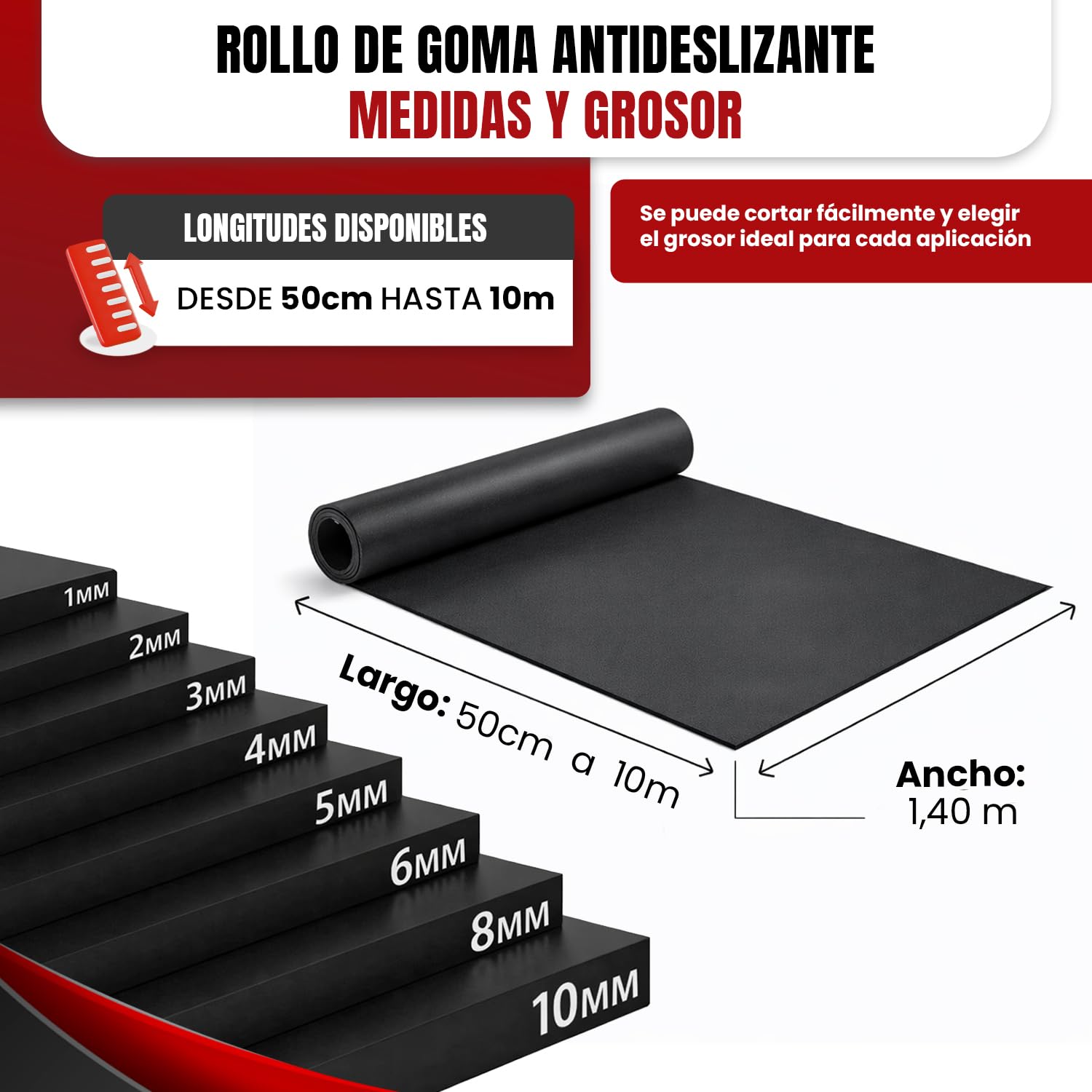 Suelo de Goma Antideslizante SBR en Rollo de Caucho, Color Negro, Liso, 140 cm Ancho x 600 cm Largo x 2 mm Grosor, Duradero, Ideal para Garaje, Taller y áreas de Trabajo Industrial + Cúter y Cinta