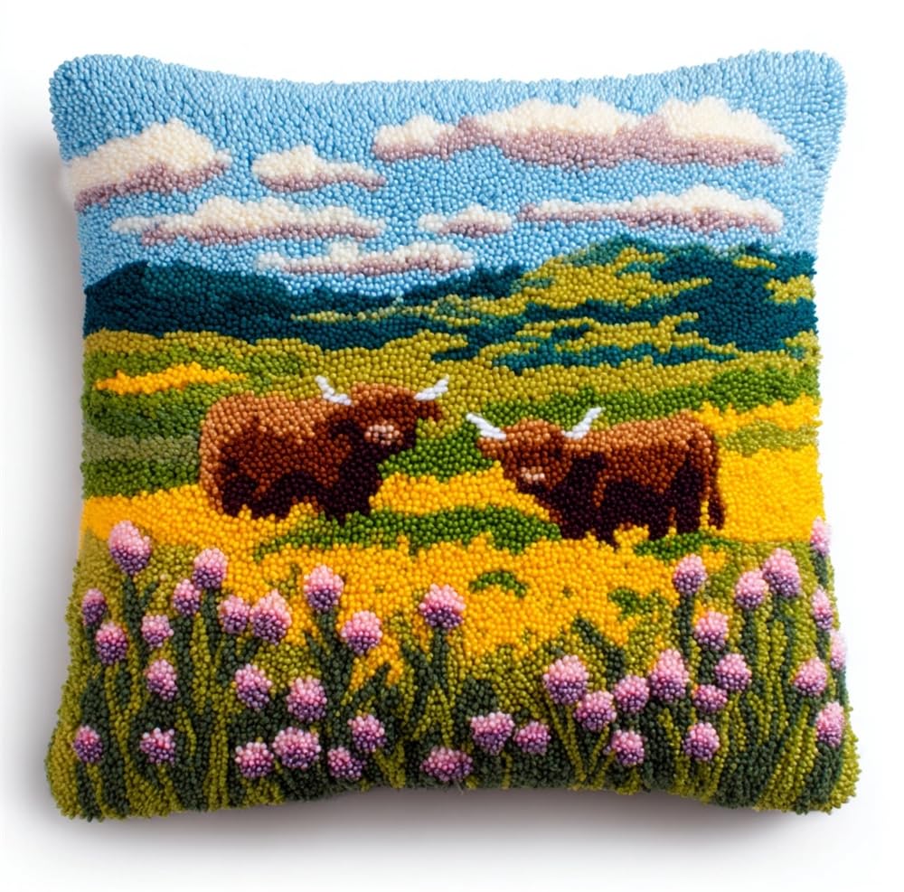 kitphoenix Latch Hook Kits DIY Throw Pillow Cover Highland Cattle Amidst A