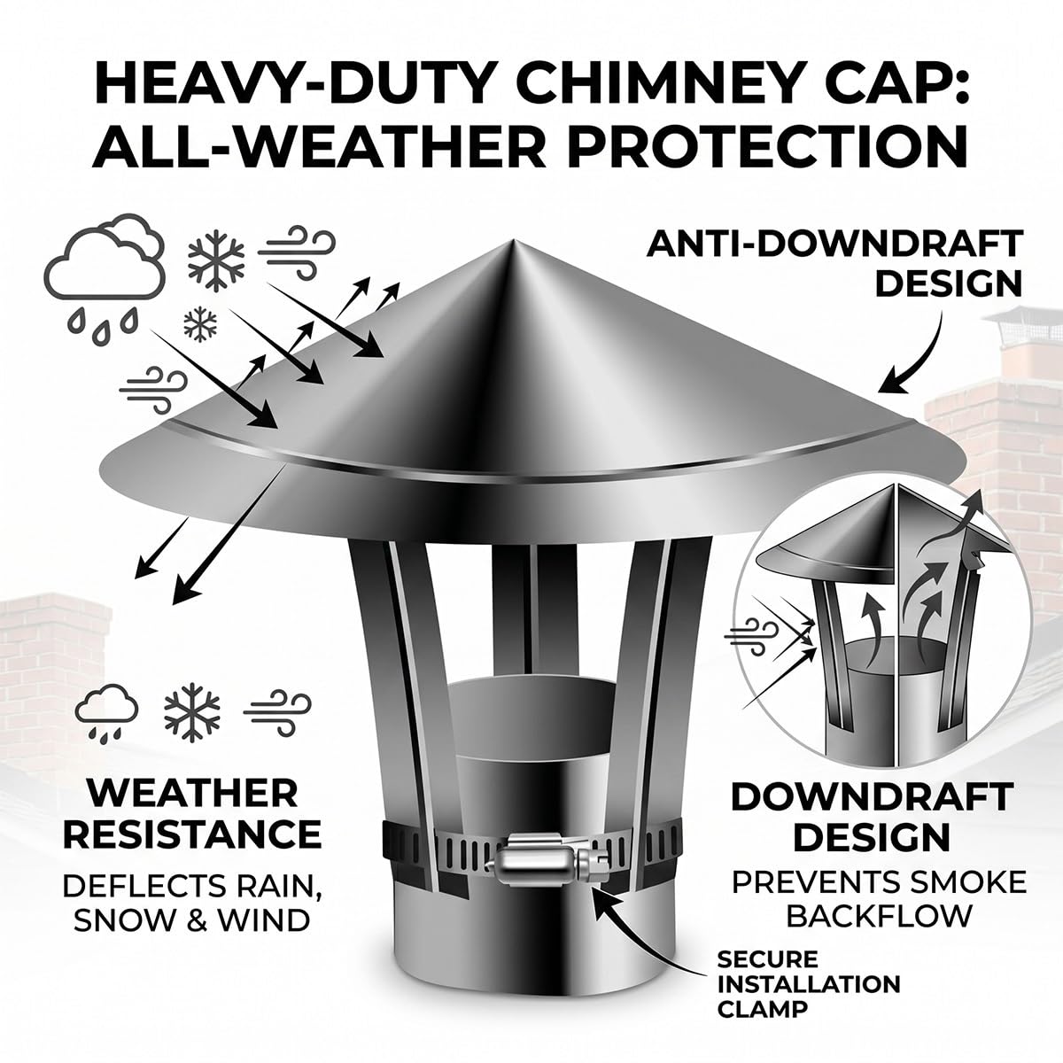 Sombrero de Chimenea Redondo en Acero Inoxidable Tapa Antilluvia para Tubo de Estufa Caperuza Salida de Humos Cubierta Protectora de Techo con Abrazadera Ajustable Antiviento(300mm)