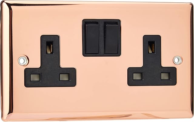 Varilight XY5B.CU 2 Gang Switched Socket DP 13 Amp Polished Copper (Black Inserts)