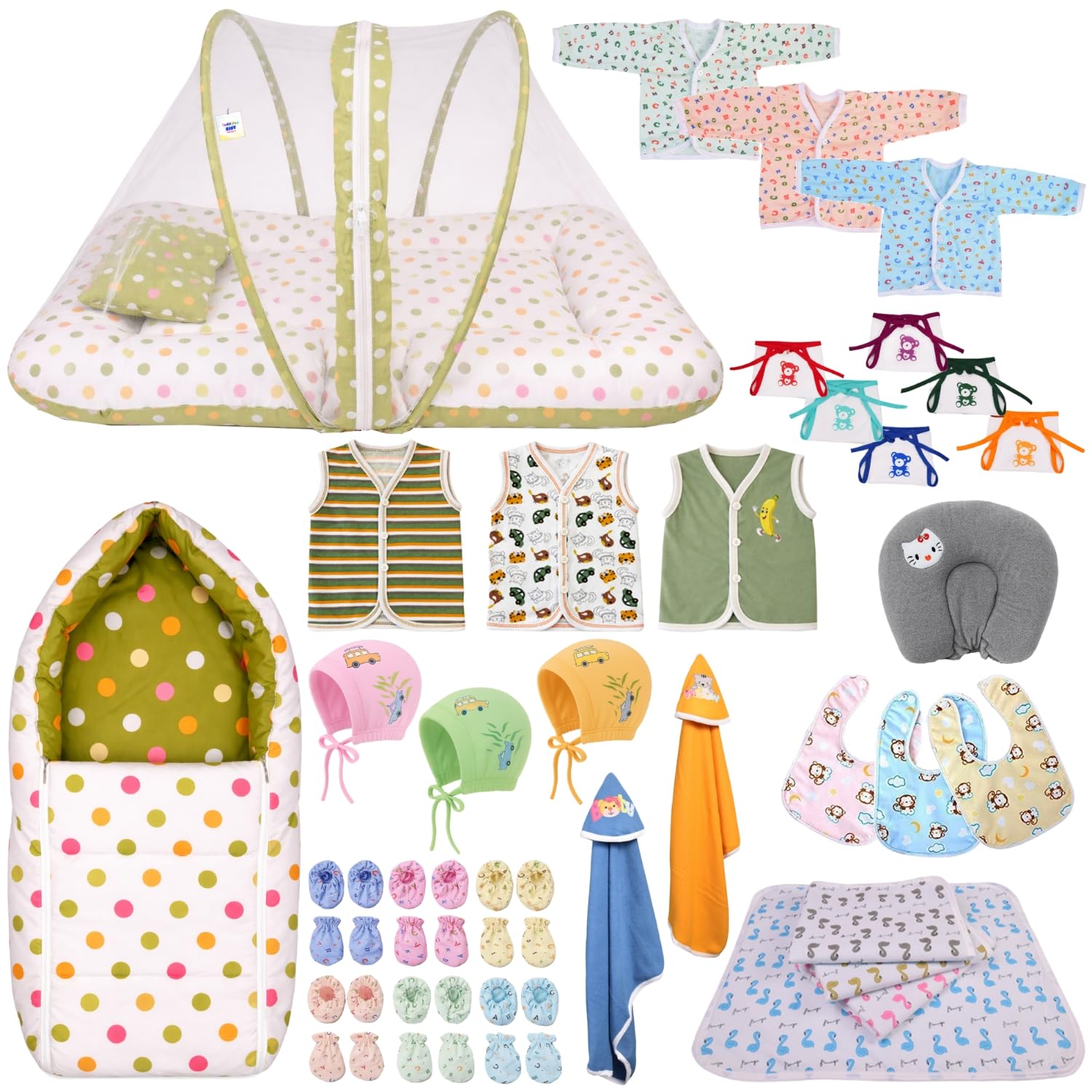 Kwitchy Newborn Baby Essentials Kit 39 Items Combo | New Born Kit 0–6 Months | Newborns Baby Set Clothes Bedding Bed Combo | Infant Essentials & Baby Shower Gift (Green)-image-48