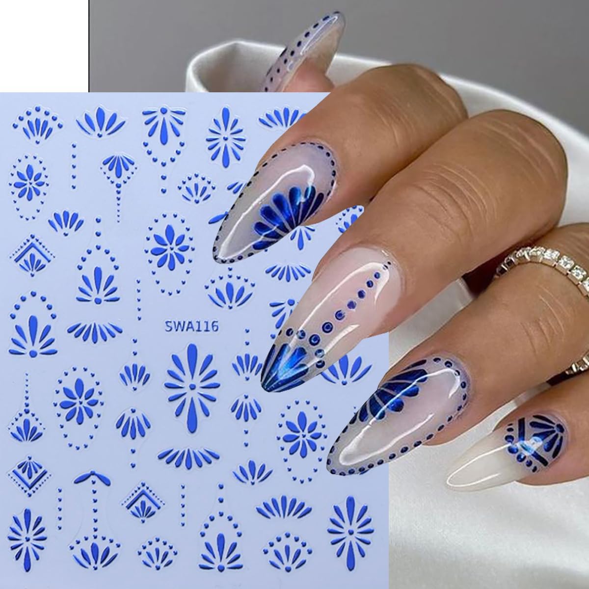 6 Sheets Retro Nail Stickers for Nail Art 3D Self-Adhesive Blue Silver Gold Designs Nail Art Stickers Summer and Autumn Nail Decals Daily DIY Manicure Nails Supplies Decoration for Women