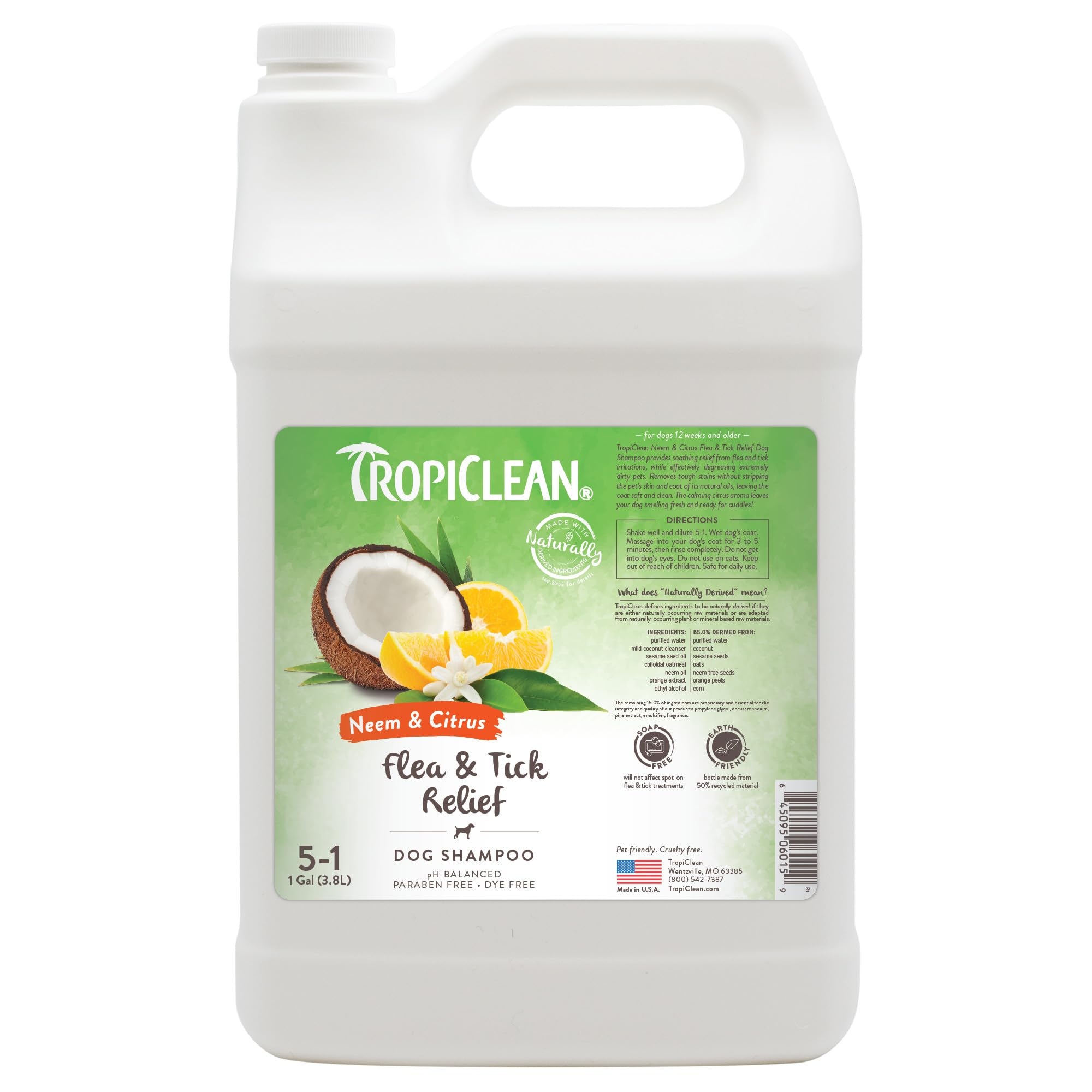 TropiClean Citrus Flea & Tick Shampoo for Dogs, Soothing Bite Relief, Fresh Citrus Scent, Made in The USA, 1 Gallon