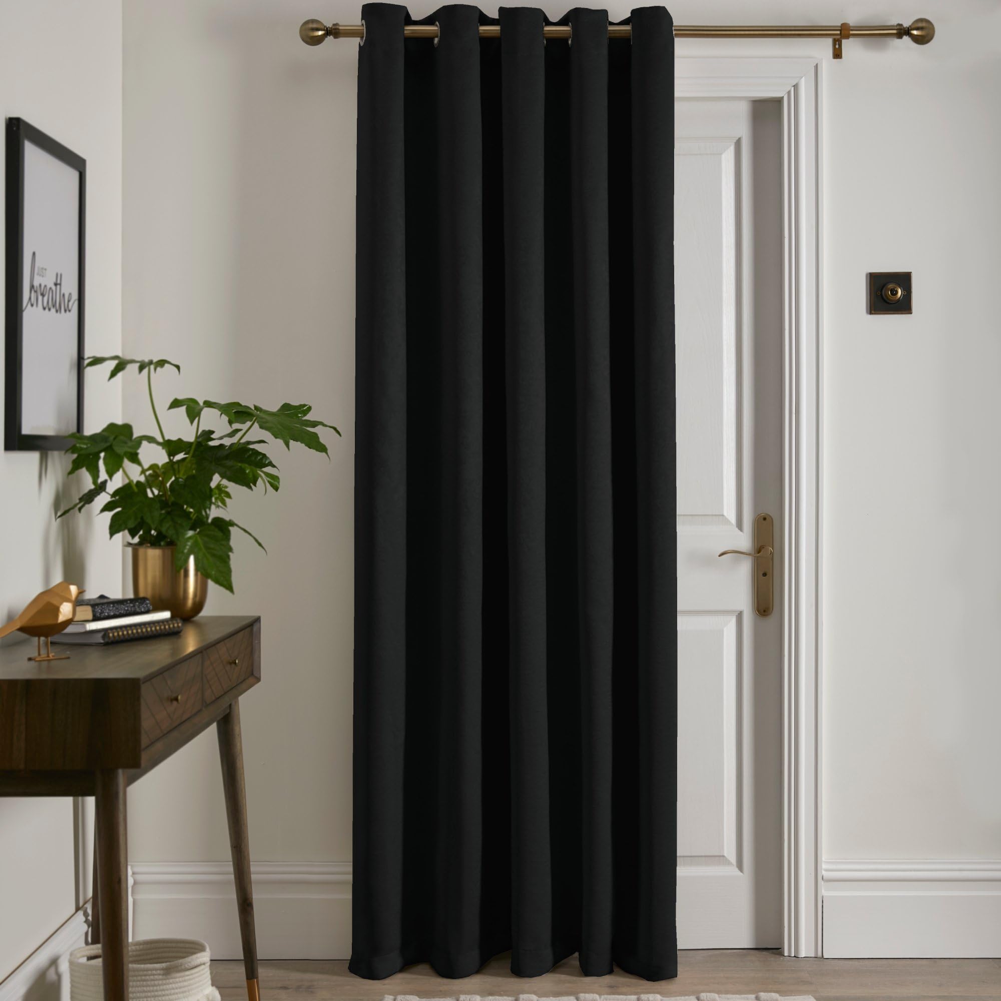 Fusion Strata Black Eyelet Curtain – Single Panel W66 x L84 (168 x 214cm) – Thermal Insulated – Bedroom/Living Room/Door – Modern Blackout Drape