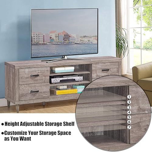 Miniatura 6 de Tangkula Soporte de TV de granja, soporte universal de madera retro para televisores de pantalla plana de hasta 65 pulgadas, 4 cajones y 3 estantes