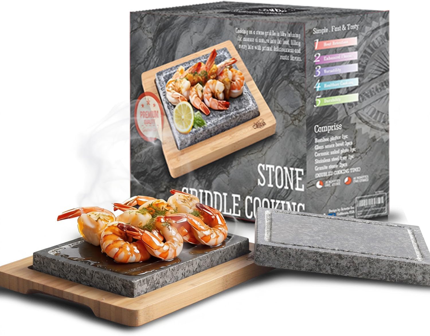 Artestia (Deluxe Set with Two Stones) - DOUBLE STONES Sizzling Hot Stone Set, Deluxe Tabletop Barbecue/BBQ/Hibachi/Steak Grill (Two Stone Deluxe Set)