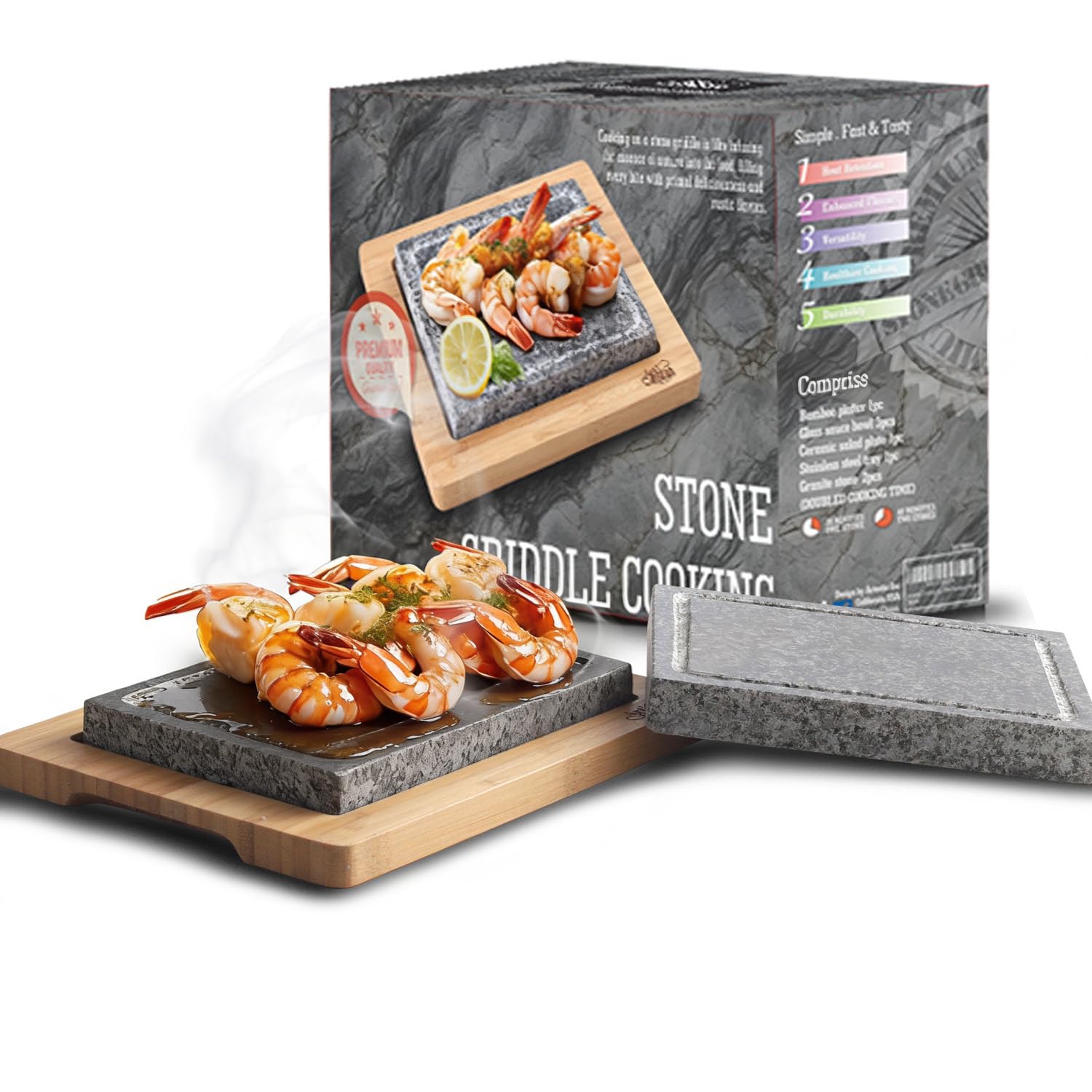 Artestia Steak Stone Grill Set with 2 Granite Stones & 1 Bamboo Tray – Restaurant-Style Hot Stone Cooking Set for Sizzling Steak, BBQ, Hibachi, Indoor Tabletop Grilling