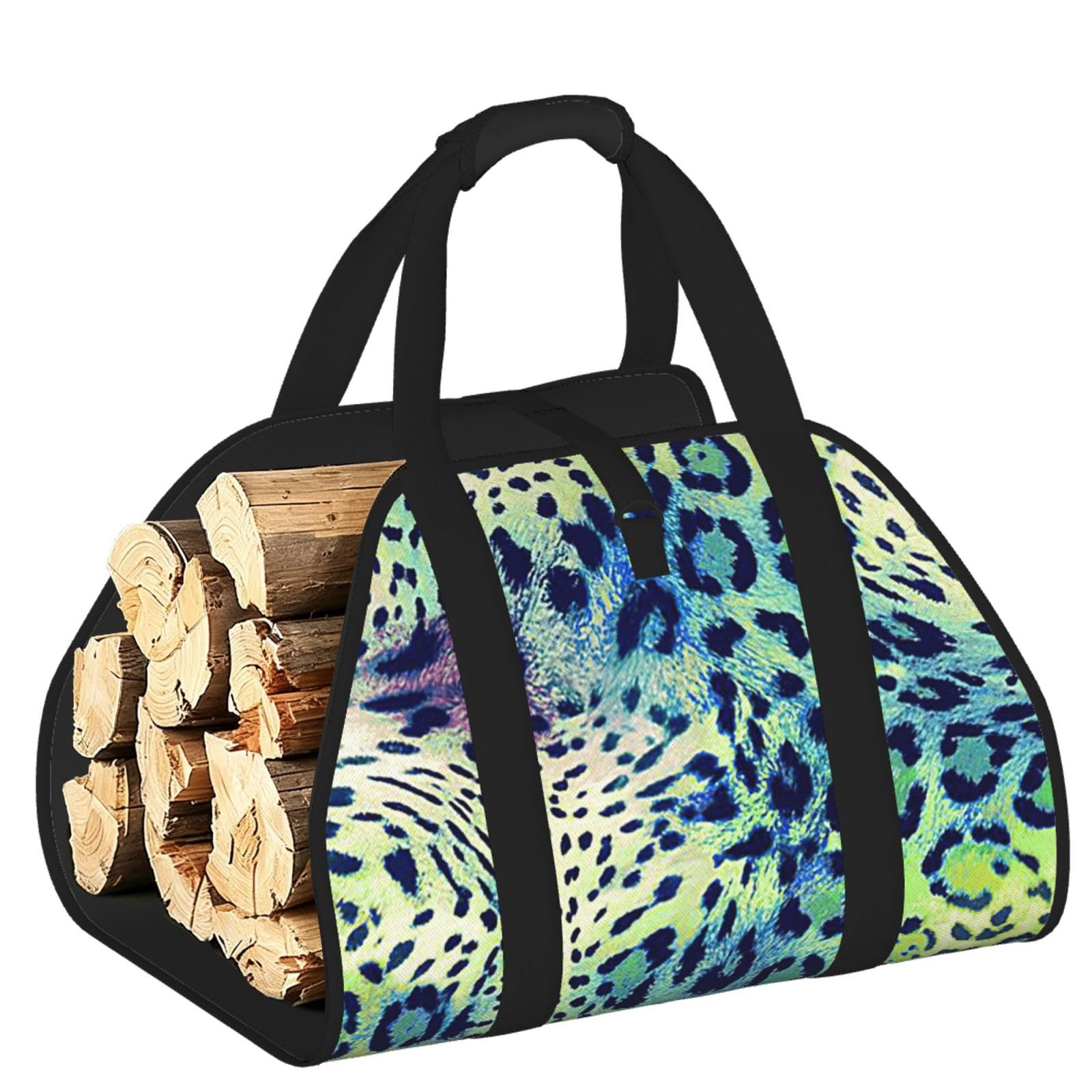 Ayyqwe Black Green Leopard Print Firewood Bag Wood Waterproof Versatile Camping Picnic Storage Daily Home