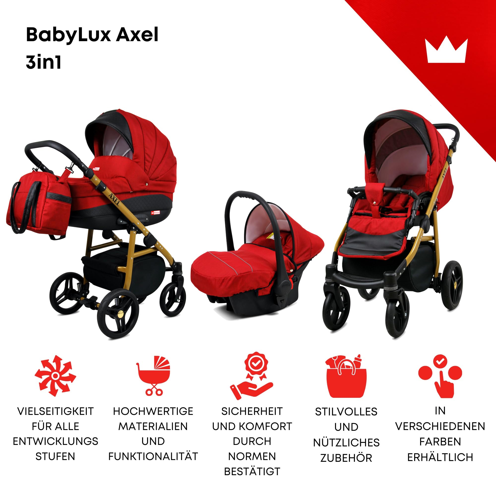 BabyLux® Bambini Passeggino Completo Set 3 in 1 - Axel - incl. Navicella, Canna, Seggiolino Auto - Carrozzina Neonati Sistema Combinato - con Borsa fasciatoio, Copertura antipioggia ecc.