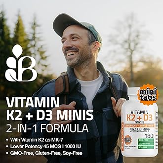 Bronson Vitamin K2 (MK7) with D3 Lower Dose 45mcg Vitamin K2 & 1000 IU Vitamin D3 Easy to Swallow Daily Maintenance 2 in 1 Formula Non-GMO, 180 Mini Tablets