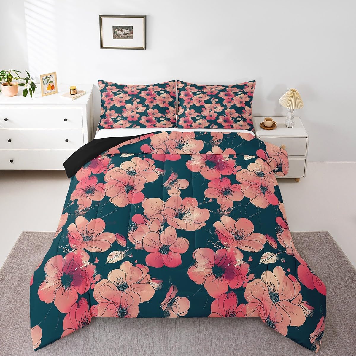 Erosebridal Cherry Blossom Bedding Set Full Size, Vintage Flower Pattern Duvet Insert for Bedroom, Japanese-Style Floral Quilt, Ultra-Soft Microfiber Exotic Style Comforter Set, Black Pink