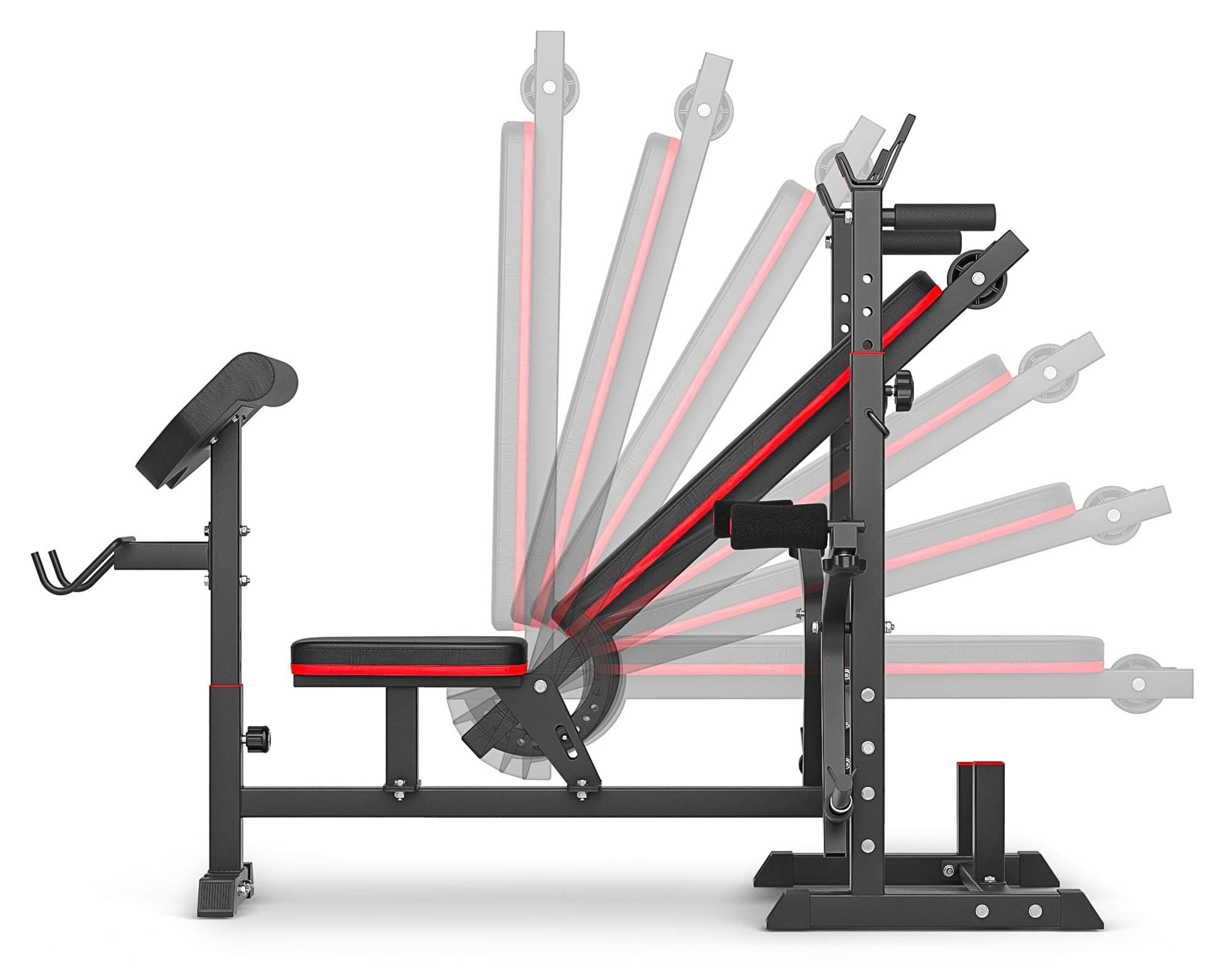 Hop-Sport Hantelbank, Multifunktionale Trainingsbank mit Butterfly, Beincurler & Curlpult, Verstellbare Langhantelständer, Heimfitness Kraftstation, 270 kg Belastbarkeit