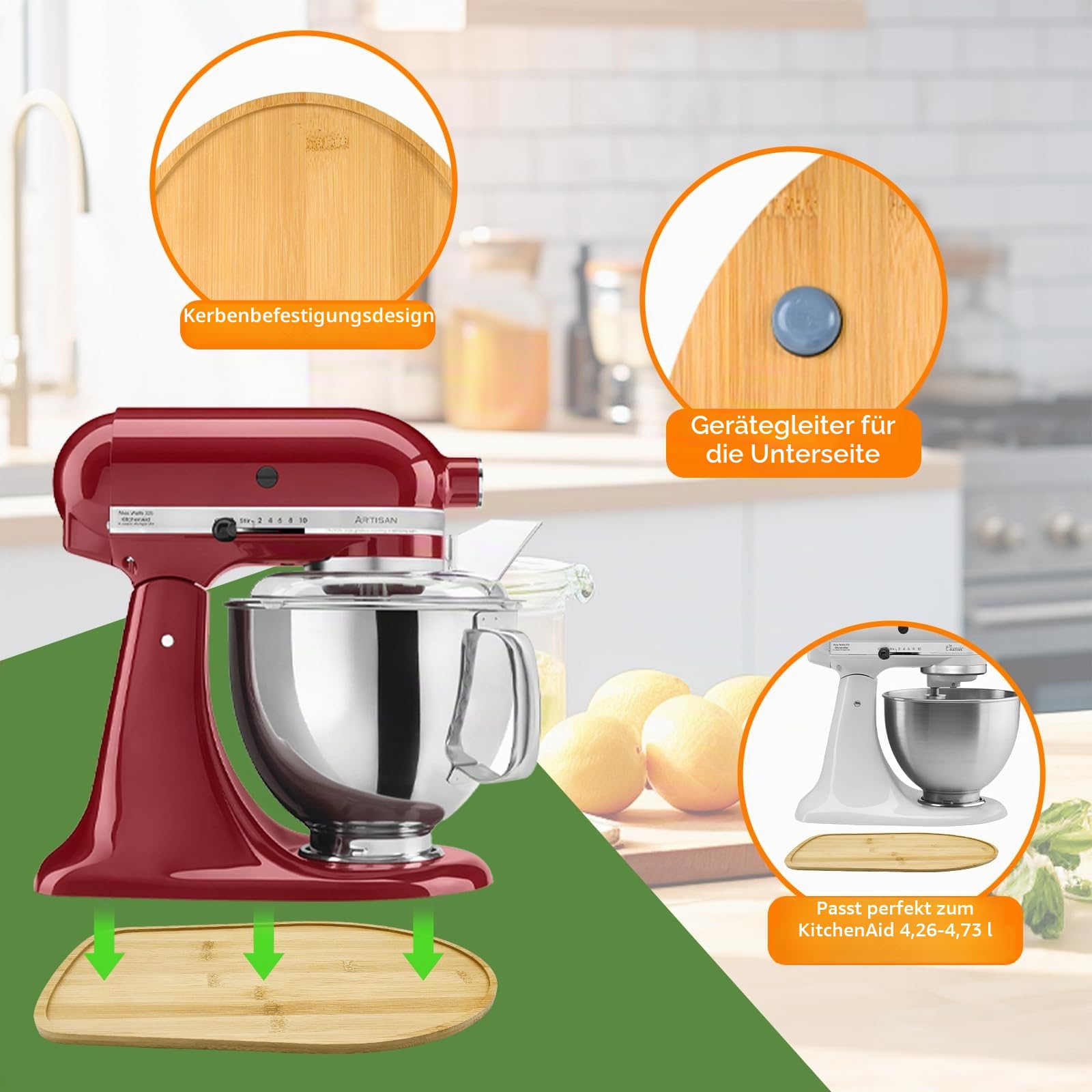 Bamboo Mixer Schieber kompatibel mit Kitchen Aid 4.5/5 Quart Tilt Head Stand Mixer, K45SS Küche Attachment Schiebe Matte